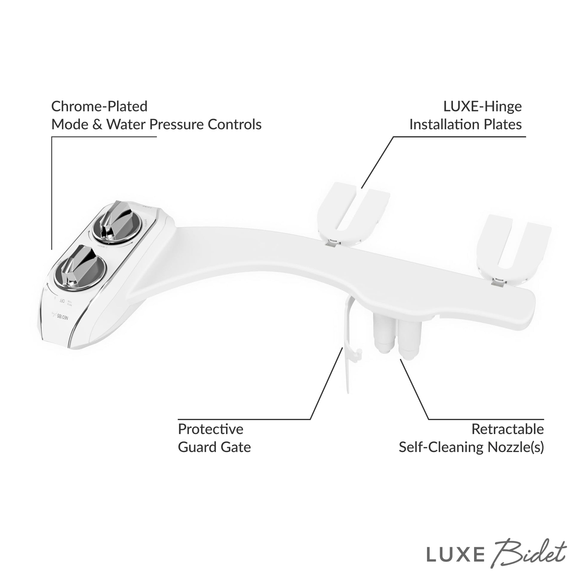 LUXE Bidet NEO 185 Plus - Patented Bidet Attachment for Toilet Seat, Innovative Hinges to Clean, Slide-in Easy Install, Advanced 360° Self-Clean, Dual Nozzles, Feminine &amp; Rear Wash (Chrome)