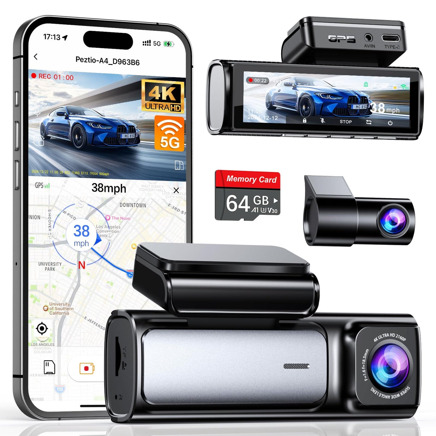 4K Dash Cam Front and Rear, Built-in 5G WiFi GPS, 64GB Card Included, 3.59'' IPS Screen Dash Camera for Cars, Dual Dashcam with G-Sensor, Loop Recording, WDR, Night Vision, 24H Parking Monitor