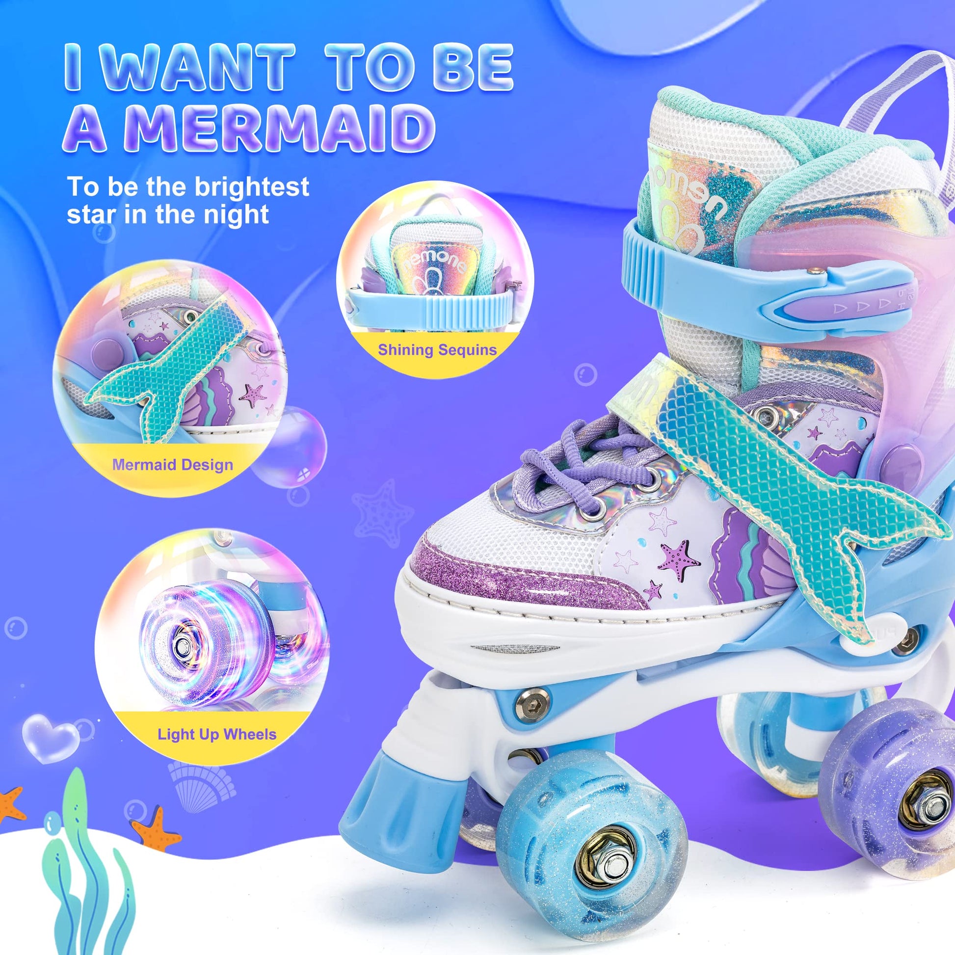 NEMONE Mermaid 4 Size Adjustable Light up Roller Skates for Girls, Purple Blue Skates for Toddlers, Beginner Kids Roller Skates Indoor Outdoor