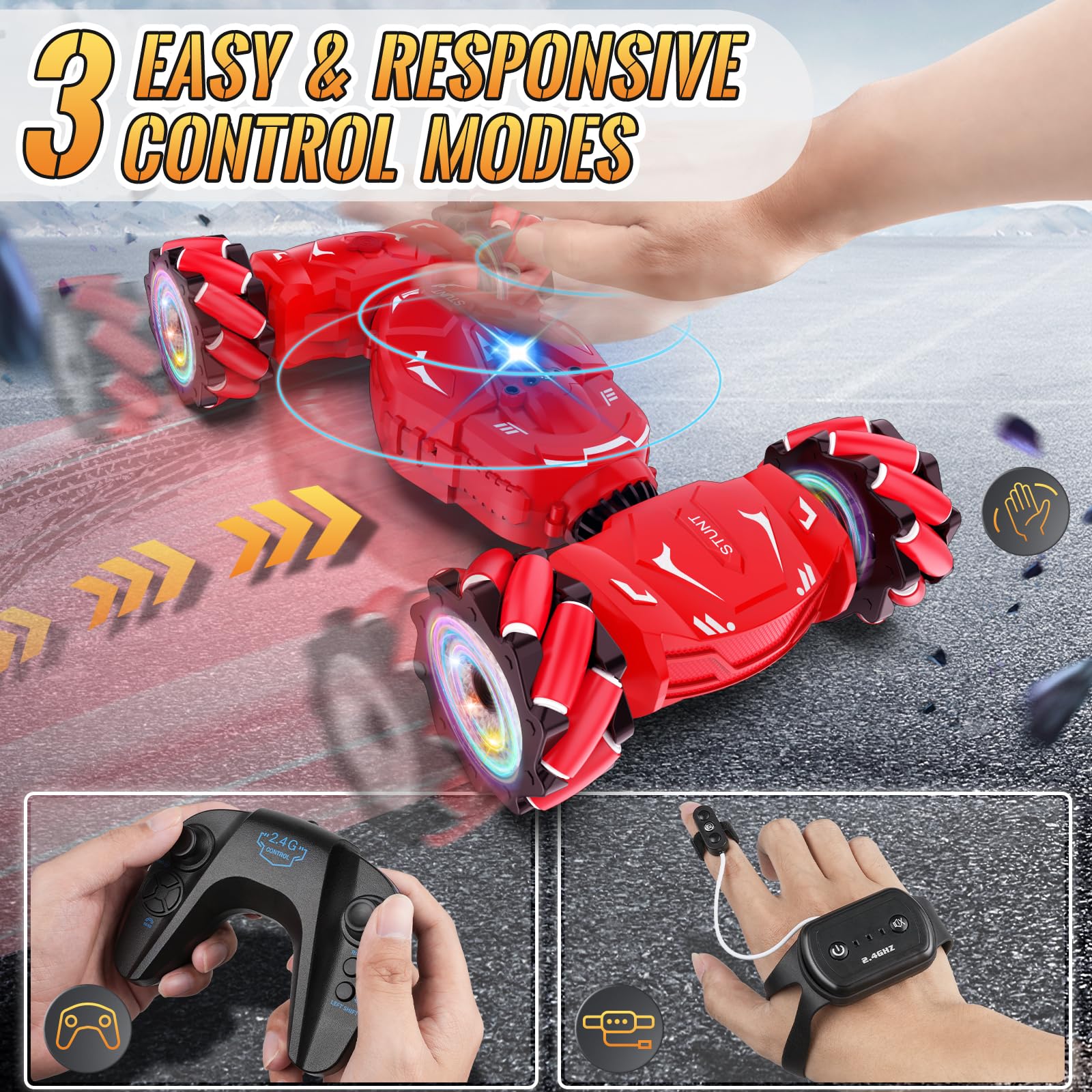 Pristar RC Car Toys for Boys Girls 6-12, Gesture Sensing RC Stunt Car 2.4Ghz 4WD Remote Control Car with Lights Music Double Sided Flip 360° Rotate Off-Road, Birthday Xmas Gifts for Kids Aged 6-12