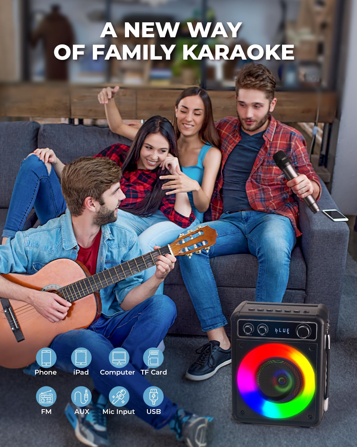 Karaoke Machine, Portable Bluetooth Karaoke Speaker with 2 Wireless Microphones, PA System for Adults Kids with LED Lights, Supports REC/FM/AUX/USB/TF for Home Party