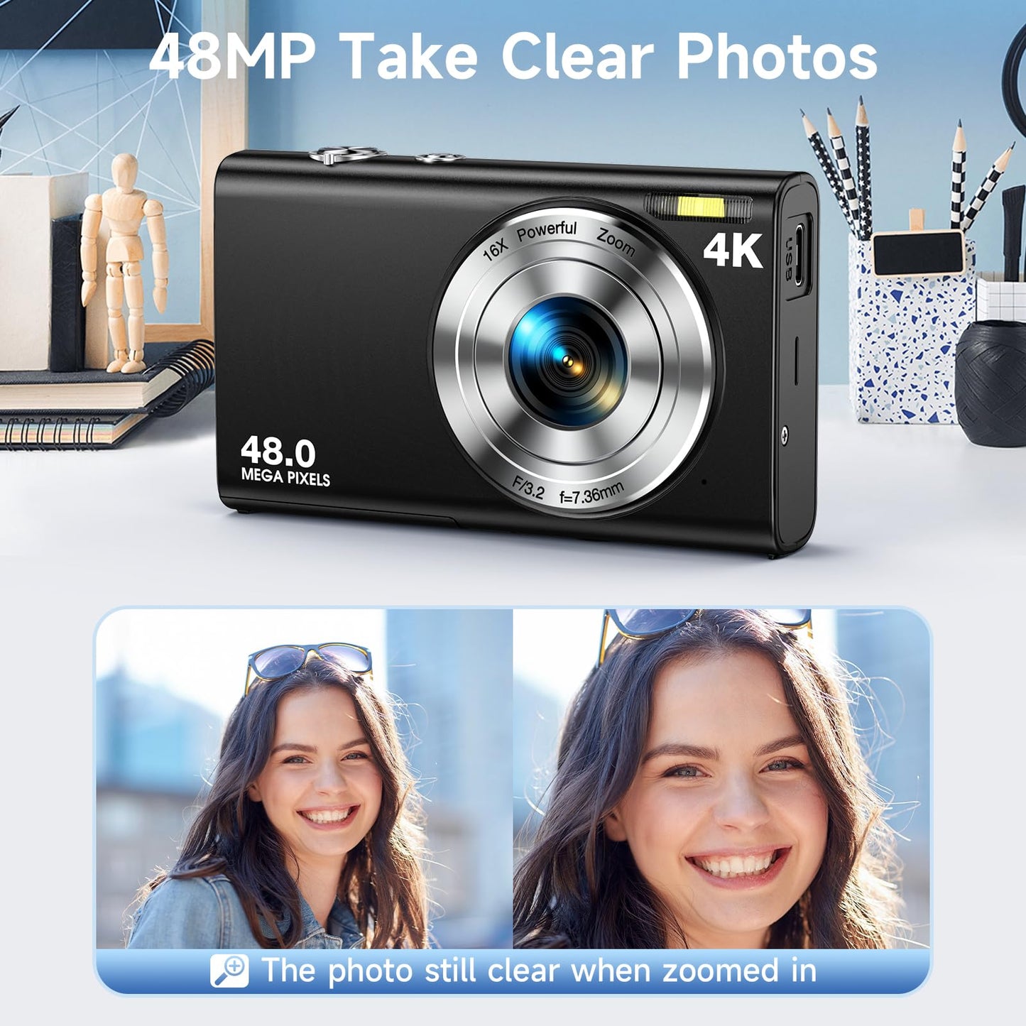 Digital Camera, Autofocus 48MP UHD 4K Vlogging Camera 16X Digital Zoom, Portable Compact Point and Shoot Digital Camera for Teens Adult Beginner with 32GB Card, 2 Batteries, Lanyard(Black)