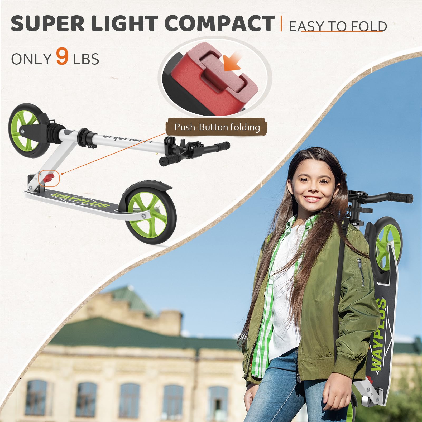 Kick Scooter for Ages 6+,Kid, Teens &amp; Adults. Max Load 240 LBS. Foldable, Lightweight, 8IN Big Wheels for Kids, Teen and Adults, 4 Adjustable Levels. Bearing ABEC9