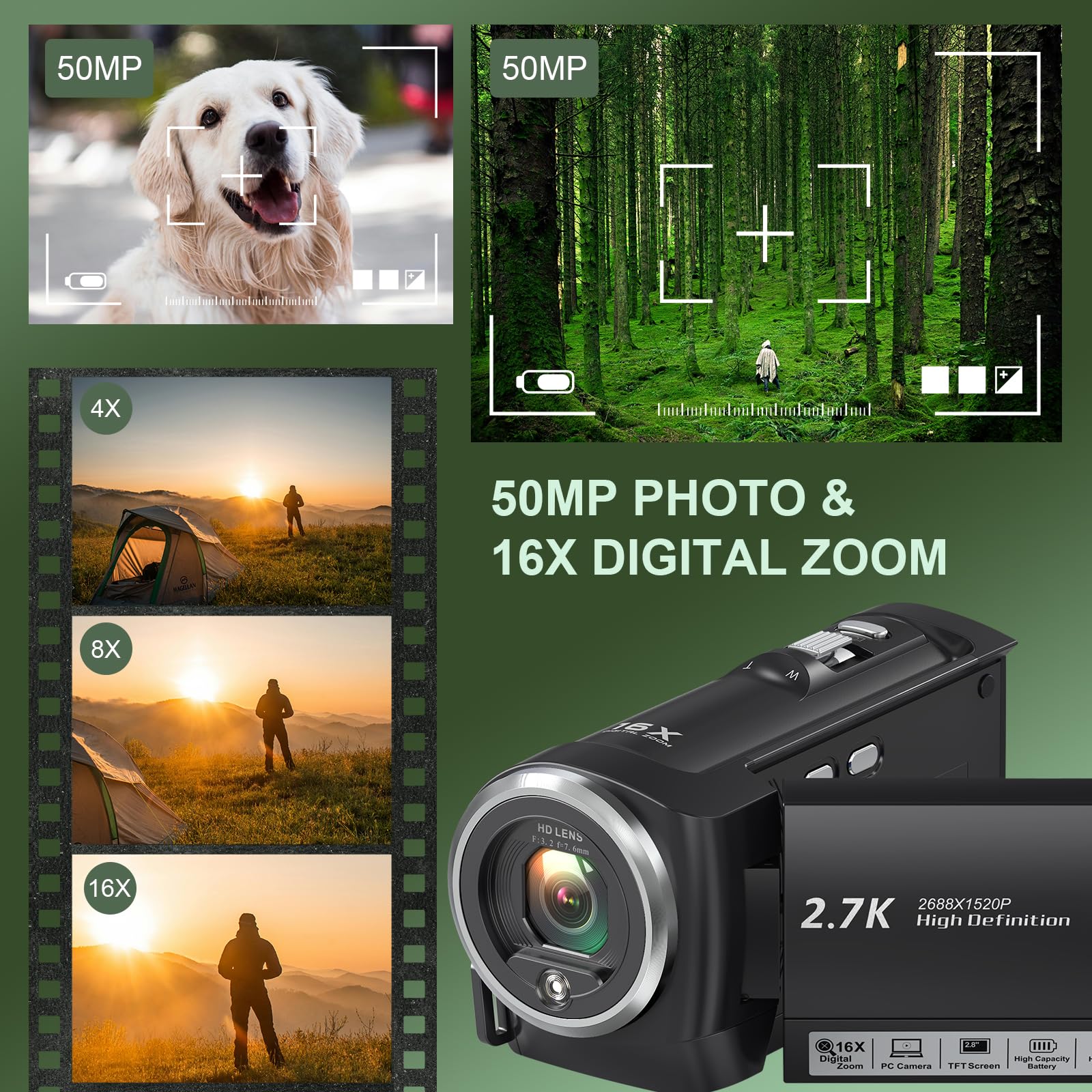 2.7K Video Camera Camcorder QHD 50MP YouTube Vlogging Camera 16X Digital Zoom Webcam 270 Degree Rotation Screen Camcorders with 32G SD Card and 2 Batteries Recording While Charging