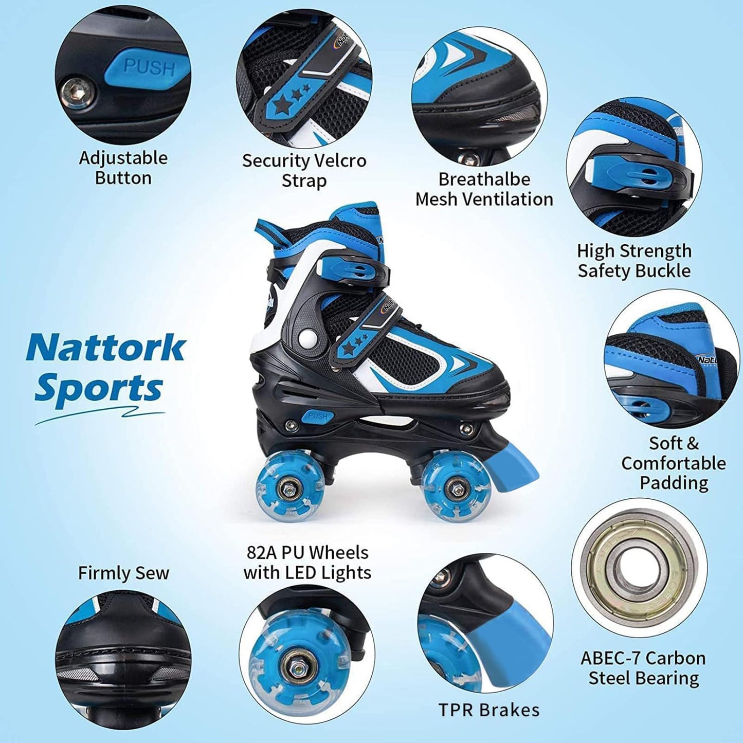 Nattork Kids Roller Skates for Boys Girls Kids, 4 Sizes Adjustable Quad Skates with All Light up Wheels - Birthday Gift for Indoor Outdoor Sports