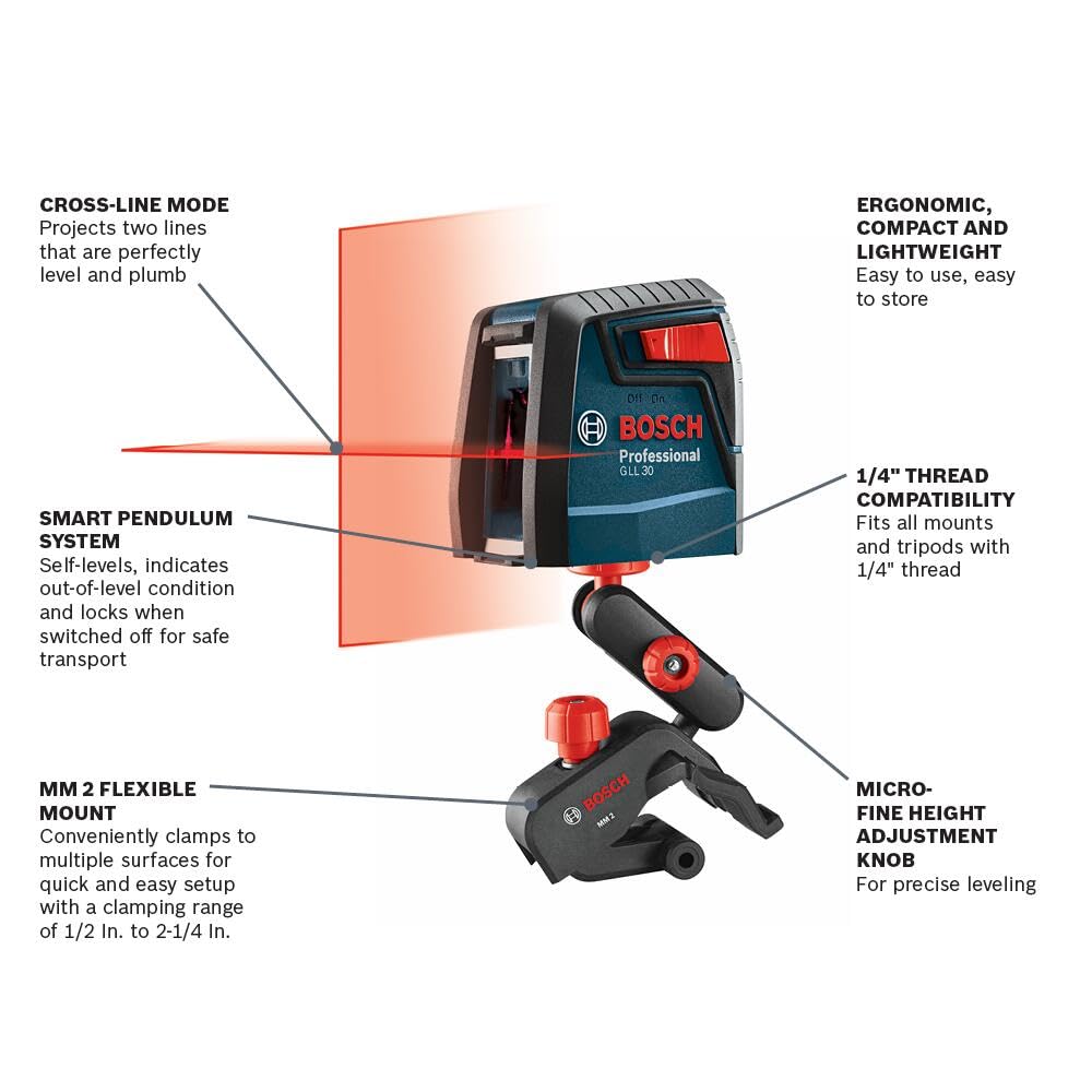 BOSCH GLL 30 30 FT Self-Leveling Cross-Line Laser, Includes 2 AA Batteries &amp; Flexible Mounting Device