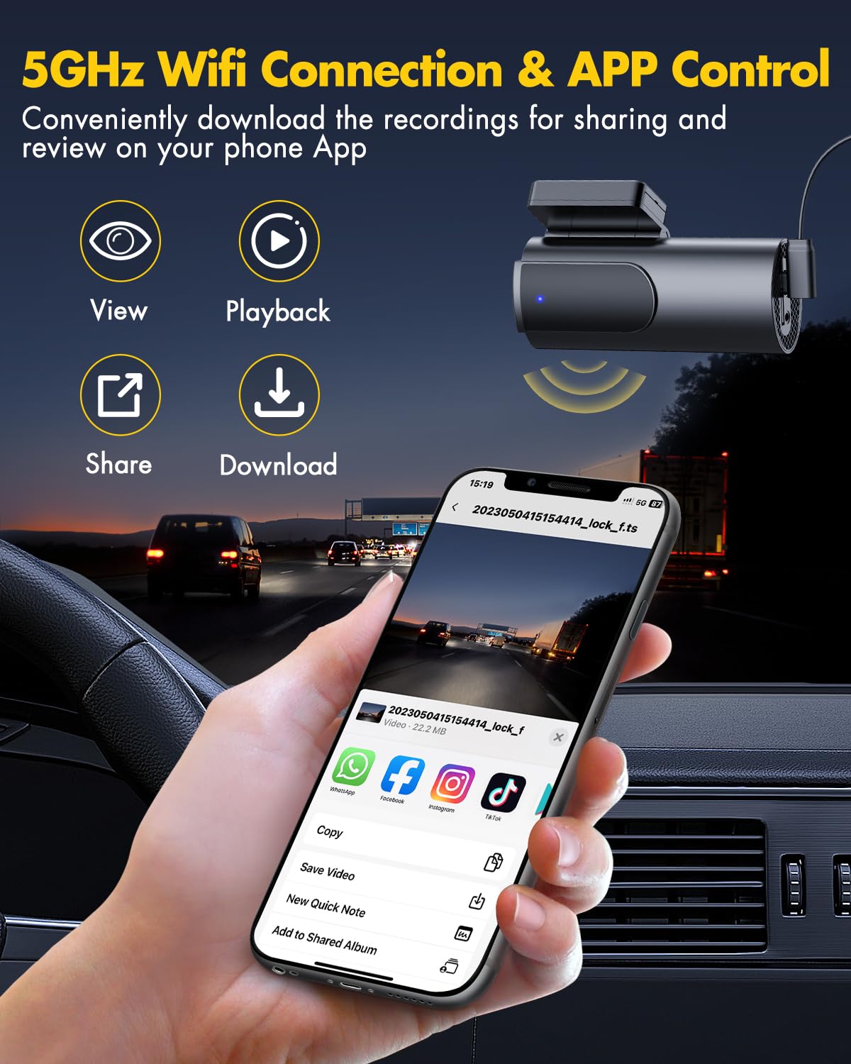 GKU Dash Cam Front and Rear Camera – 4K+1080P Dual Dash Camera for Cars with 64GB SD Card, 5GHz WiFi &amp; App Control, Night Vision, Parking Mode, G-Sensor, Loop Recording, WDR, 170° Wide Angle