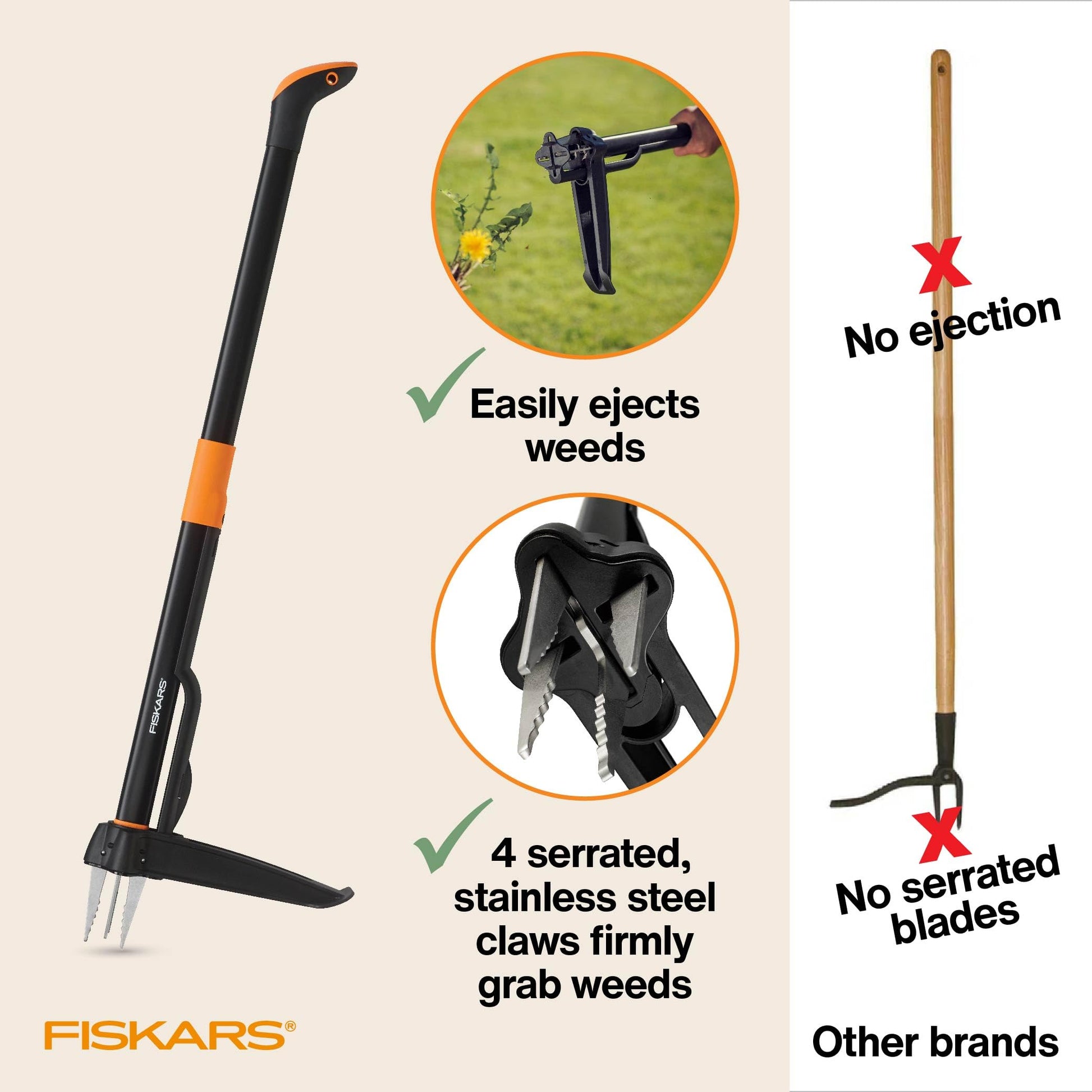 Fiskars 3-Claw Stand Up Weed Puller Tool, Gardening Hand Weeding Tool with 39" Long Ergonomic Handle with Easy-Eject Mechanism