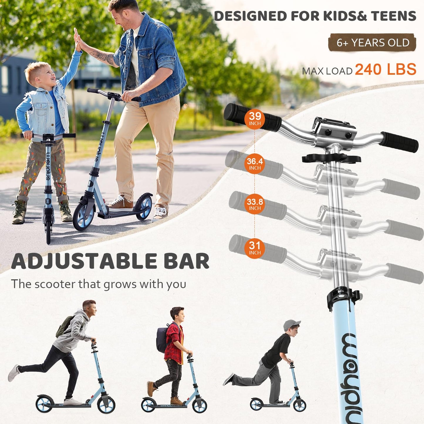 Kick Scooter for Ages 6+,Kid, Teens &amp; Adults. Max Load 240 LBS. Foldable, Lightweight, 8IN Big Wheels for Kids, Teen and Adults, 4 Adjustable Levels. Bearing ABEC9