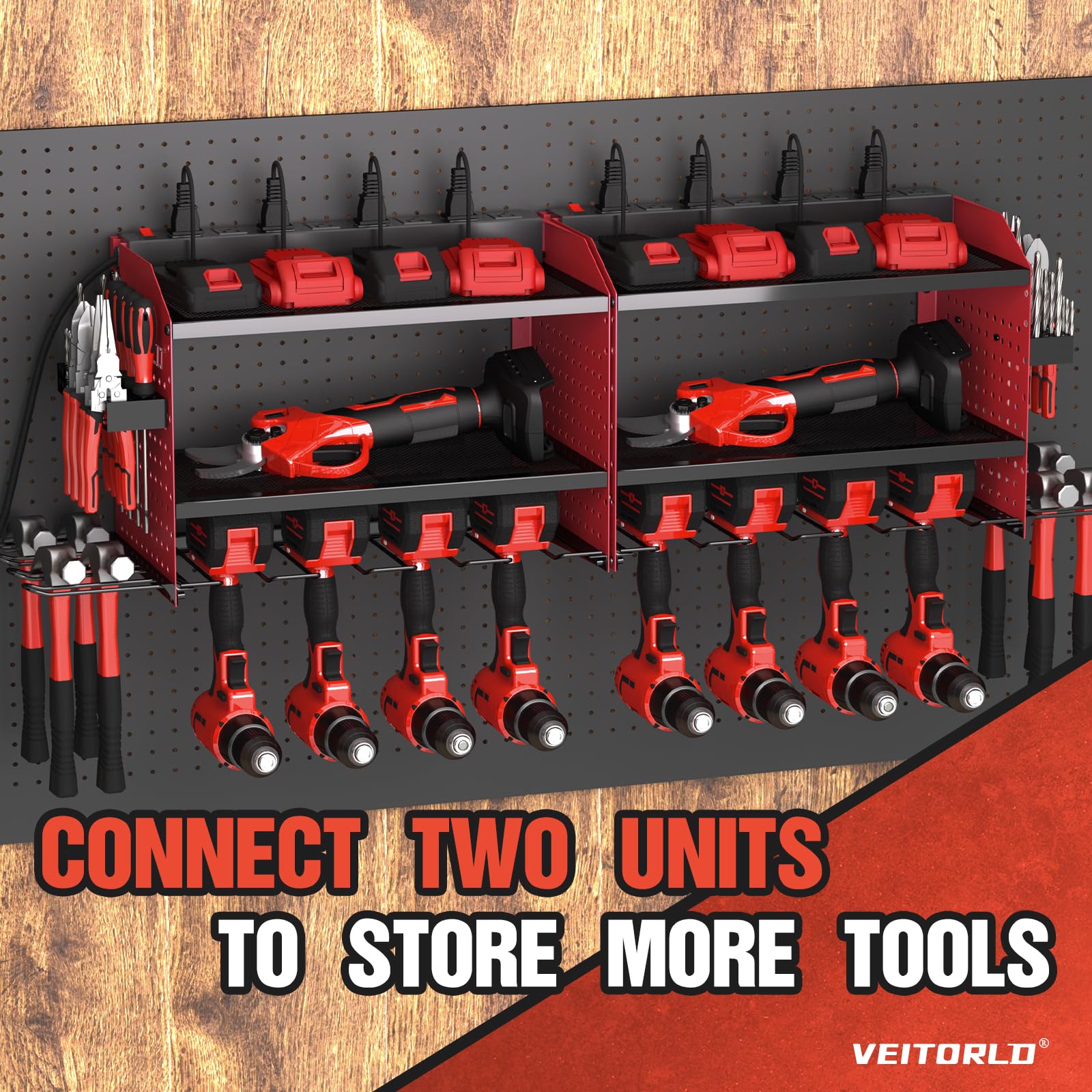 Veitorld Power Tool Organizer with Charging Station, Garage Tool Storage Organizer Built in 8 Outlet Power Strip with Drawers, 6 Drill Holder Wall Mount, Gifts for Men Dad Husband Him Fathers Day