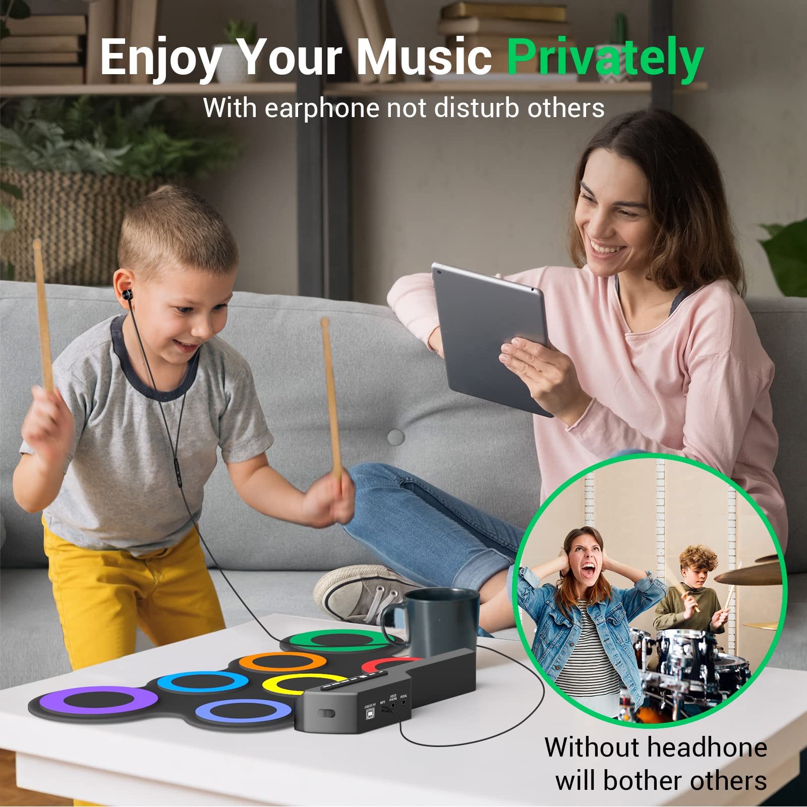 Electric Drum Set, 7-Pad Kids Electronic Drum Set with Headphone Included, Roll-up Drum Practice Pad, Great Holiday Xmas Birthday Gift for Kids