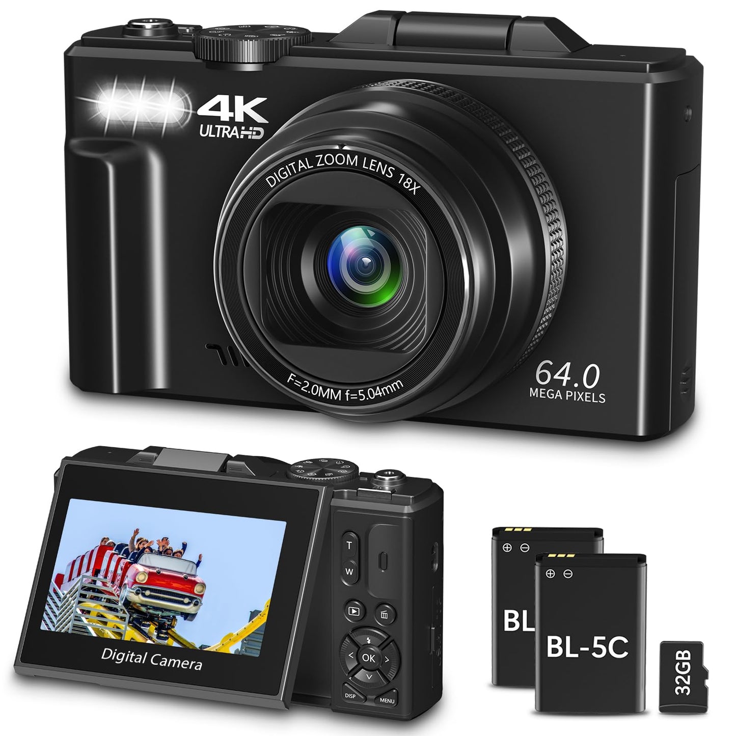 Digital Camera for Photography, WiFi 64MP 4K Vlogging Camera for YouTube, 3" 180° Flip Screen 18X Digital Zoom Compact Vlog Travel Camera with 32GB TF Card &amp; 2 Batteries, Black