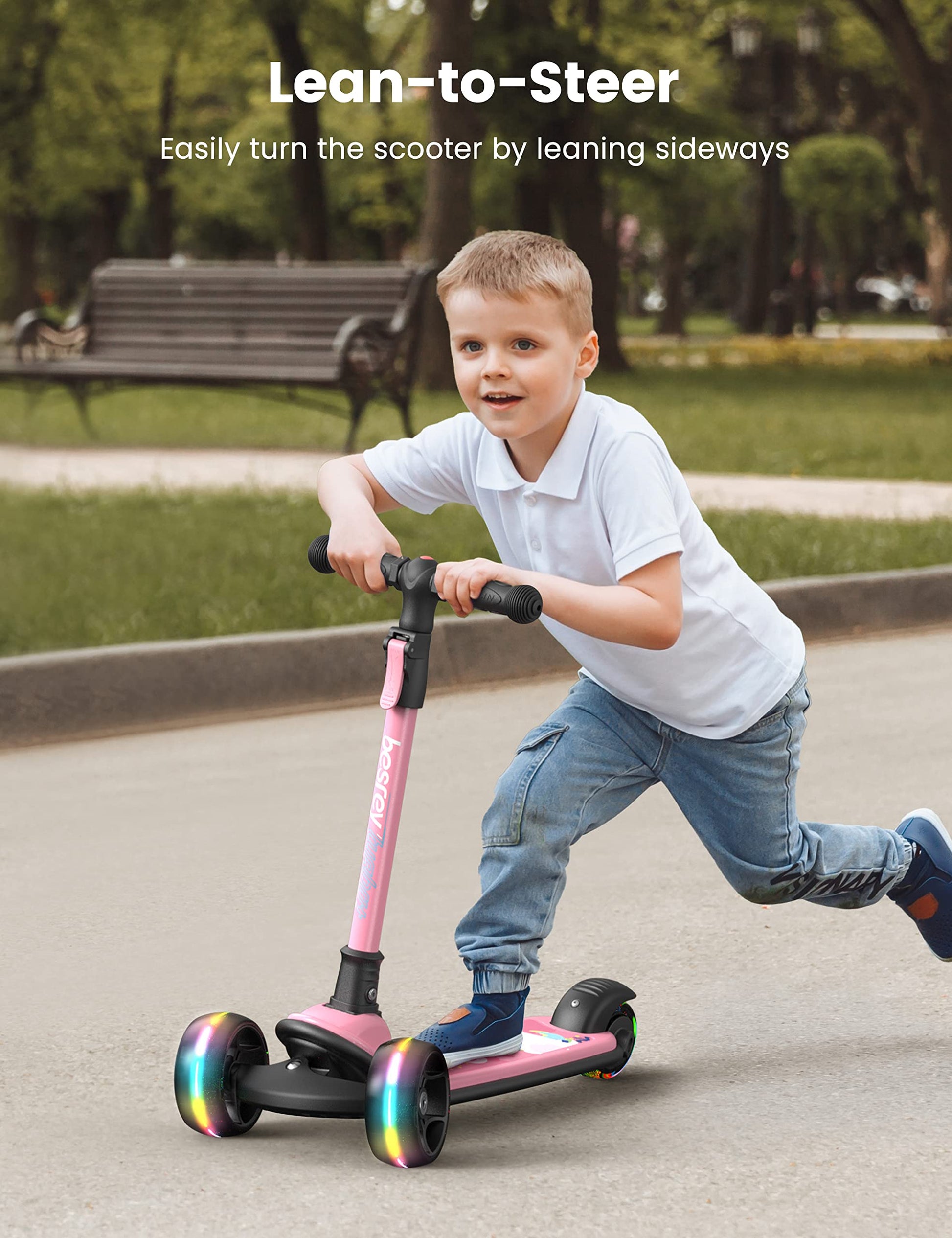 besrey Kick Scooter for Kids Ages 3-10, 3 Wheel Scooter for Kids with Adjustable Height, Folding Kids Scooter with LED Light Wheels Rear Brak Extra Wide Deck Outdoor Activities for Boys/Girls