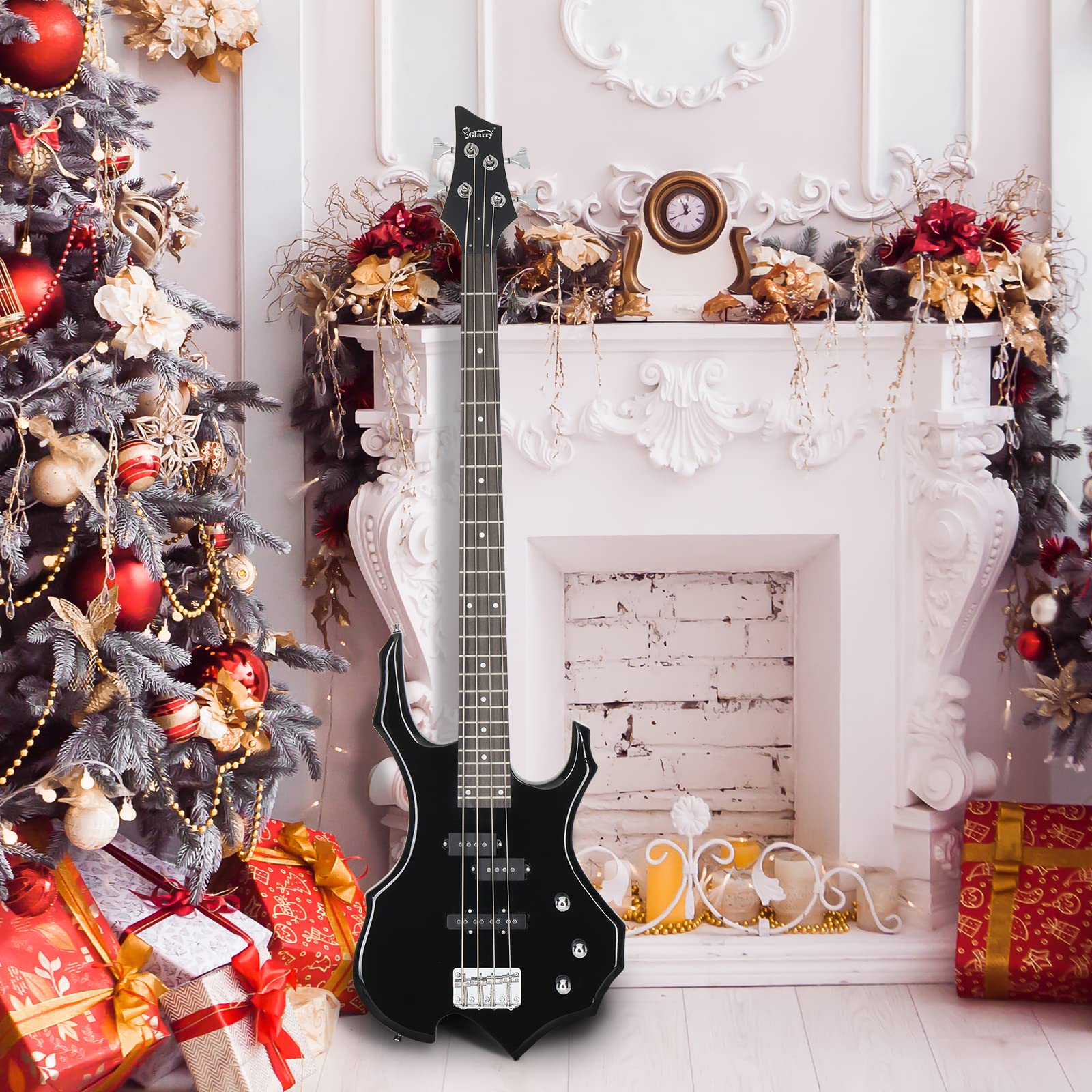 GLARRY Electric Bass Guitar 4 Strings Buring Fire Style Full Size for Beginner Right Hand with Bag, Strap and Accessories (Black)