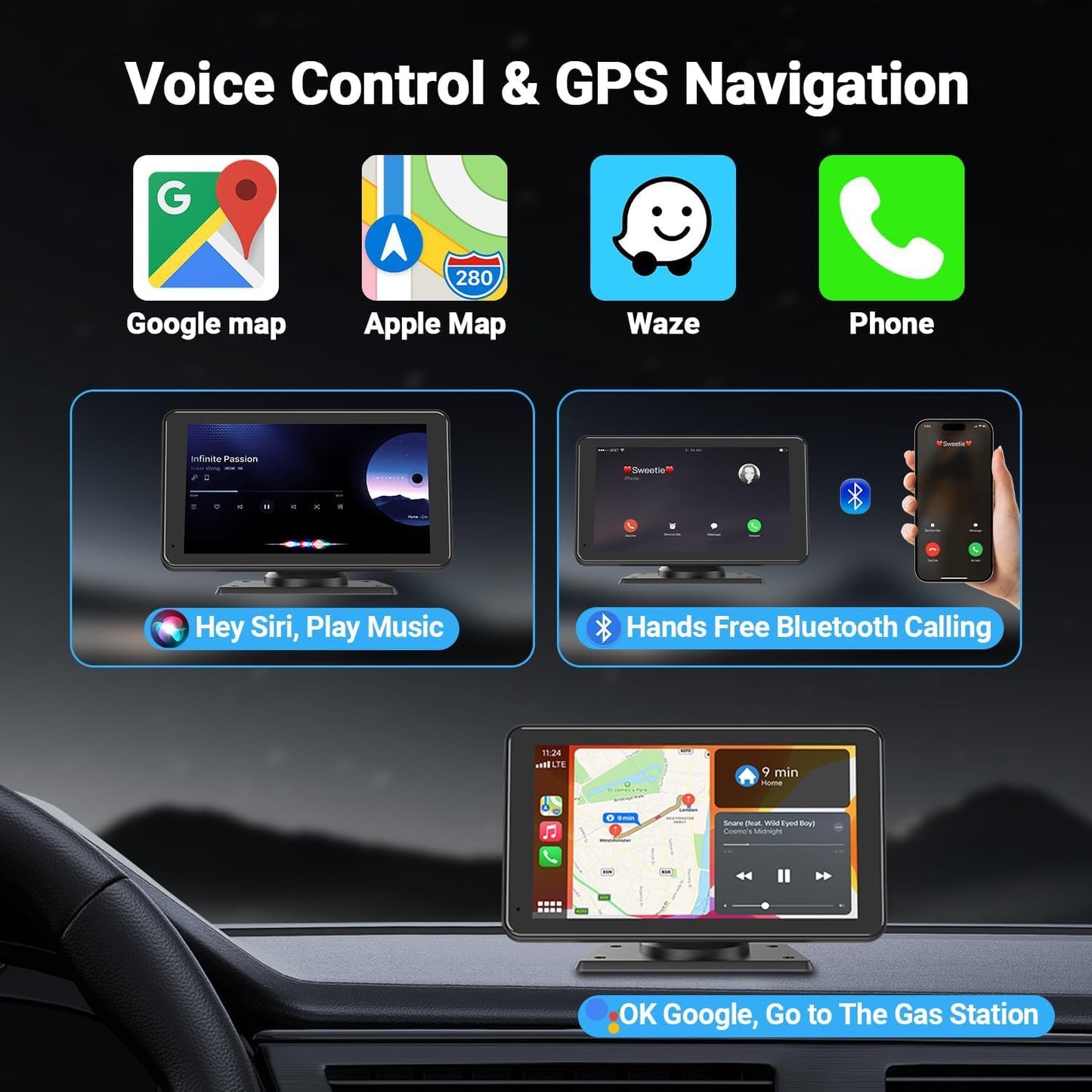 for Apple Carplay Wireless Portable 7" Touchscreen Car Stereo Voice Control with Apple Car Play &amp; Android Auto Car Audio Backup Camera Bluetooth GPS Navigation/Mirror Link Fits All Cars