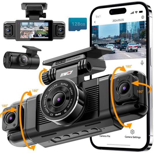 IIWEY N5 4 Channel Dash Cam 360° View, 1080P Front and Rear Inside, Left Right Dash Camera for Cars, 8 IR Lamps Night Vision, 5G WiFi &amp; APP Control, G-Sensor, Parking Mode, with a Free 128GB SD Card