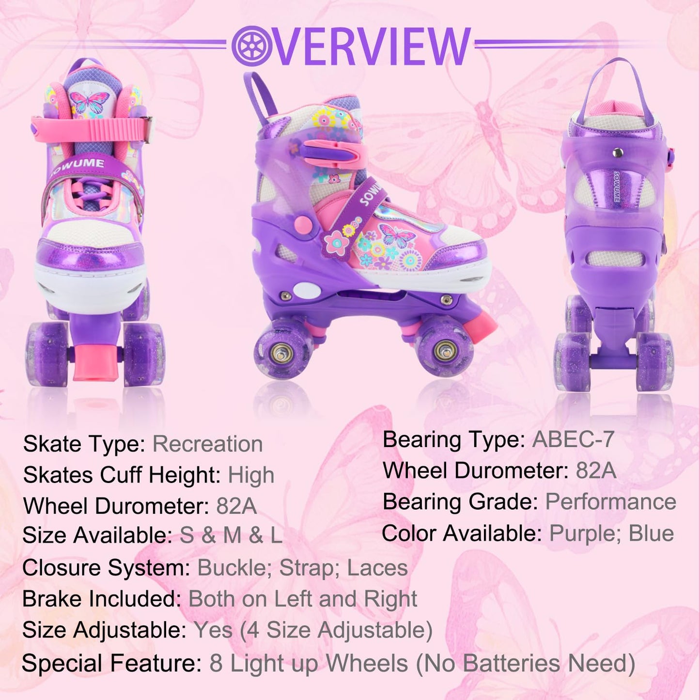 Sowume Adjustable Roller Skates for Girls and Women, All 8 Wheels of Girl's Skates Shine, Safe and Fun Illuminating for Kids