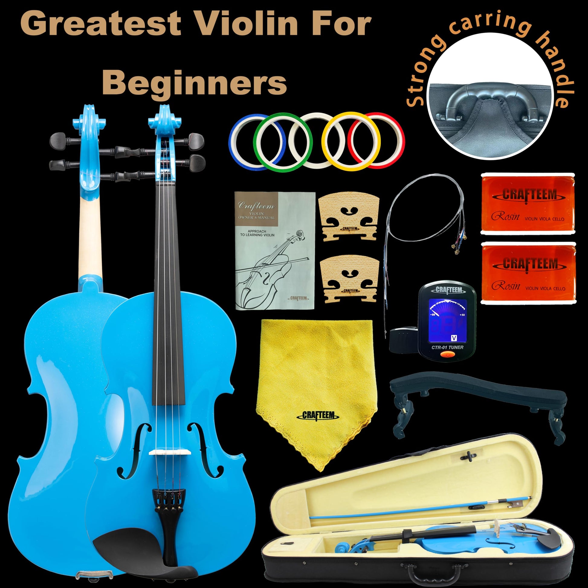 1/2 Fiddle Black Colored Premium Violin Outfit for Beginners Adults Kids With 5 Color Fingering Tape- Handcrafted Student Beginner Violin.(Black, 1/2)