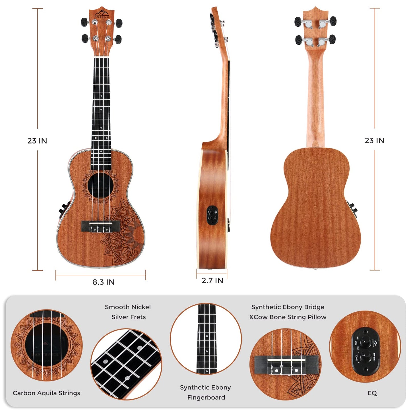 EASTROCK Concert Ukulele Mahogany Beginner 23 inch Ukelele Big Package Kit. Ukulele Ukalalee Suitable for adults, Beginners. (23-Mahogany)