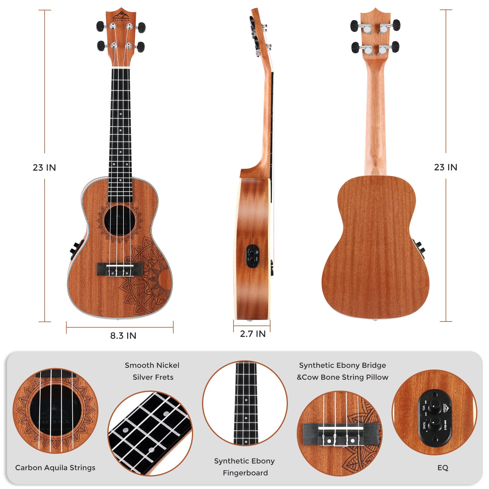 EASTROCK Concert Ukulele Mahogany Beginner 23 inch Ukelele Big Package Kit. Ukulele Ukalalee Suitable for adults, Beginners. (23-Mahogany)