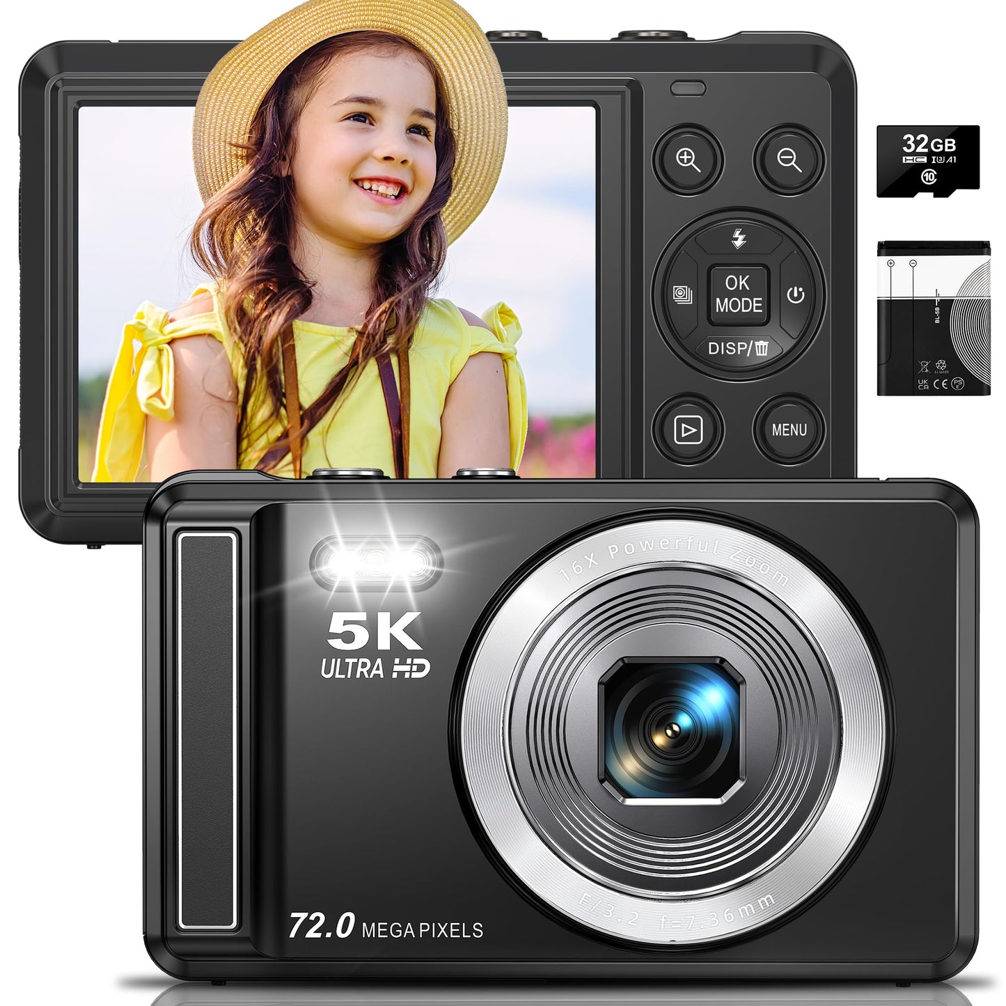 5K Digital Camera - 72MP UHD Digital Cameras for Photography - Autofocus Point and Shoot Small Camera with Flash for Kids - 2.8 Inch Screen Compact Portable Vlogging Camera with 16X Zoom, 32GB SD Card