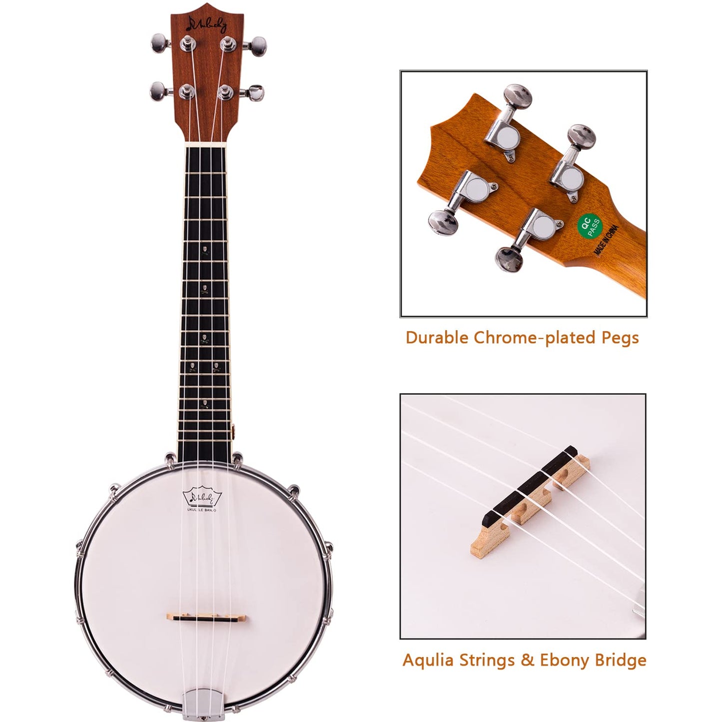 Mulucky 4-String Banjo Ukulele | 23" Sapele Wood with Remo Head &amp; Nylon Strings | Dark Brown Travel Kit (Bag, Tuner, Picks) - MBU-808