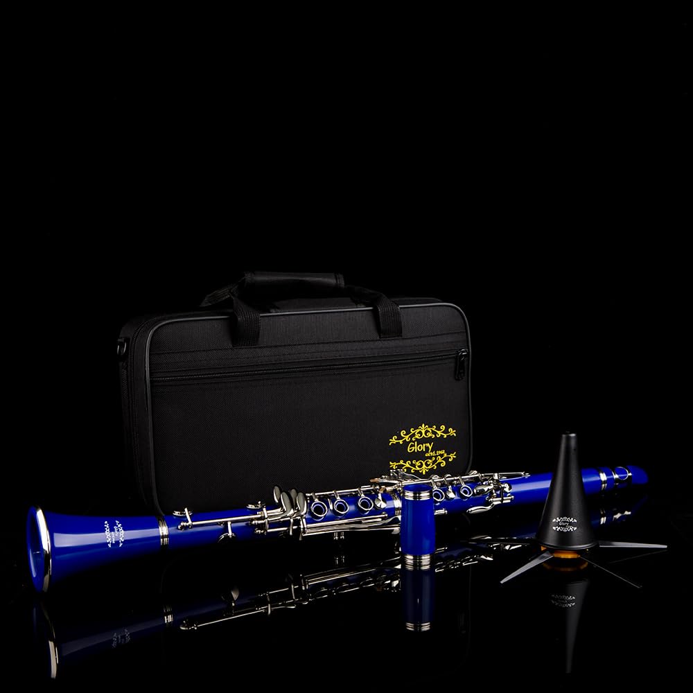 Glory GLY-CLADBL Professional Ebonite Bb Clarinet with 10 Reeds, Stand, Hard Case, Cleaning Cloth, Cork Grease, Mouthpiece Brush and Pad Brush,Dark Blue/Silver