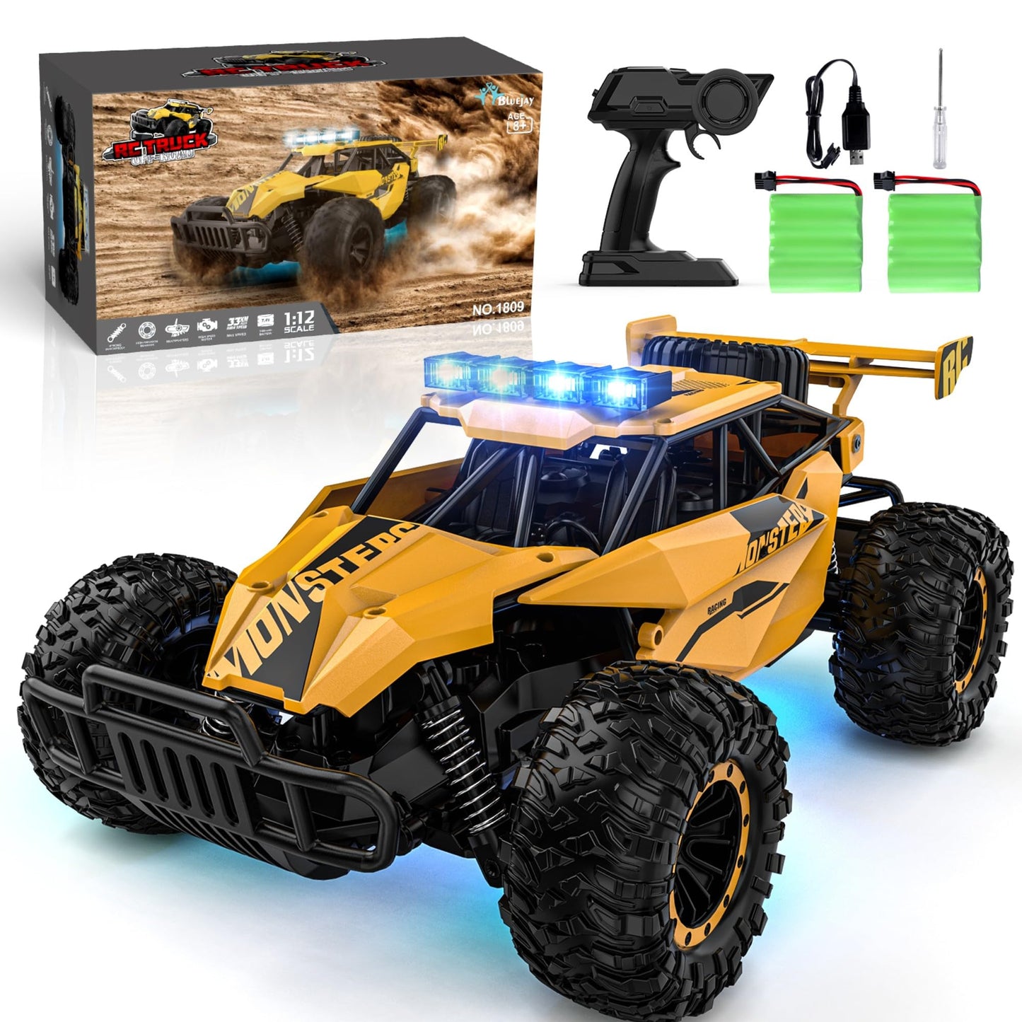 BLUEJAY Remote Control Car, 2.4GHz High Speed 33KM/H RC Cars Toys, 1:12 Monster RC Truck Off Road with LED Headlight and Rechargeable Battery Gifts for Adults Boys 8-12