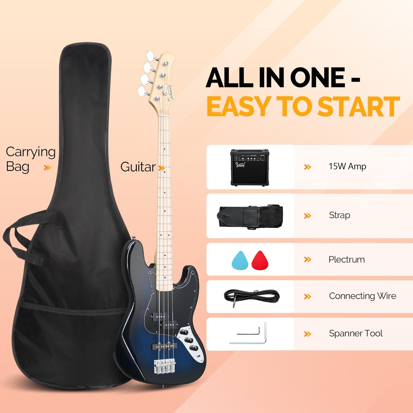 GLARRY 4 String GJazz Electric Bass Guitar Full Size Right Handed with Guitar Bag, Amp Cord and Beginner Kits (Burly Wood)