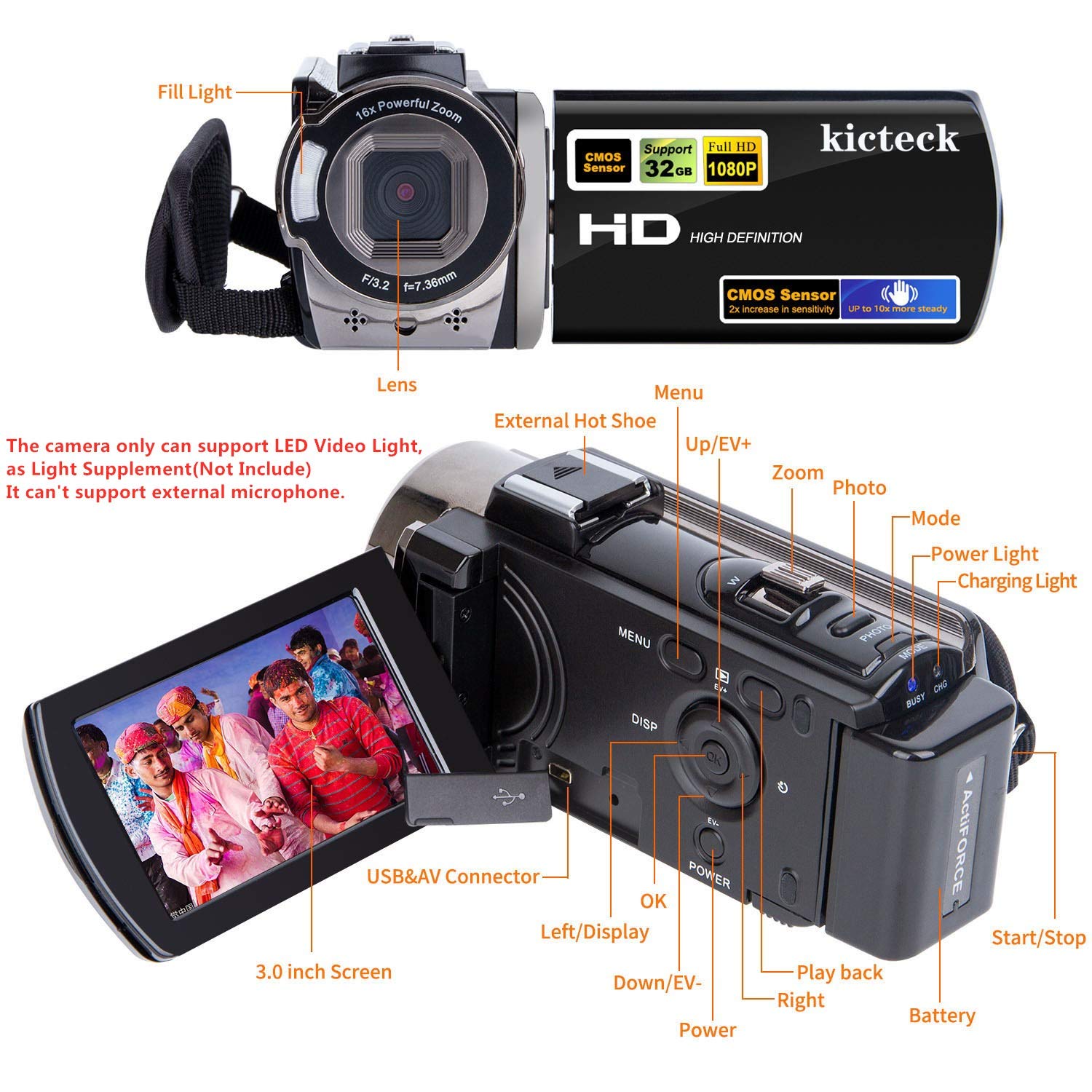 Video Camera Camcorder Digital Camera Recorder Full HD 1080P 15FPS 24MP 3.0 Inch 270 Degree Rotation LCD 16X Zoom Camcorder with 2 Batteries(604s)