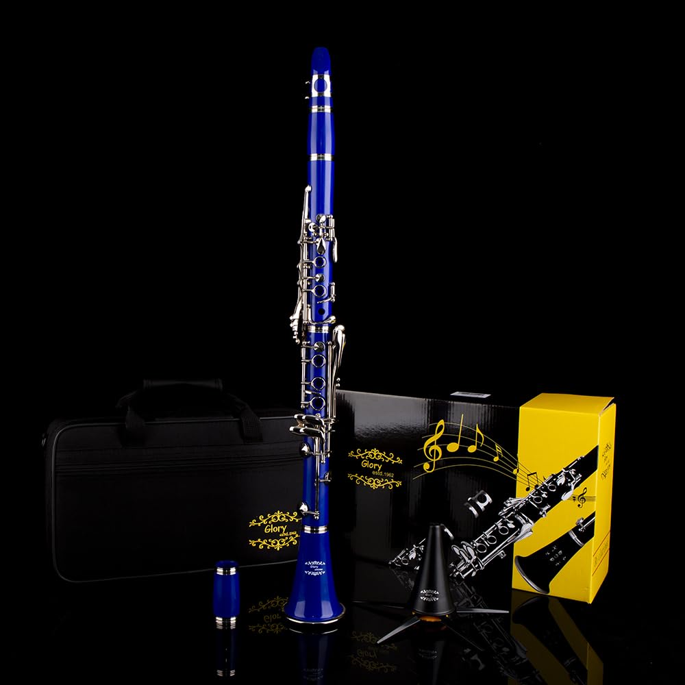 Glory GLY-CLADBL Professional Ebonite Bb Clarinet with 10 Reeds, Stand, Hard Case, Cleaning Cloth, Cork Grease, Mouthpiece Brush and Pad Brush,Dark Blue/Silver