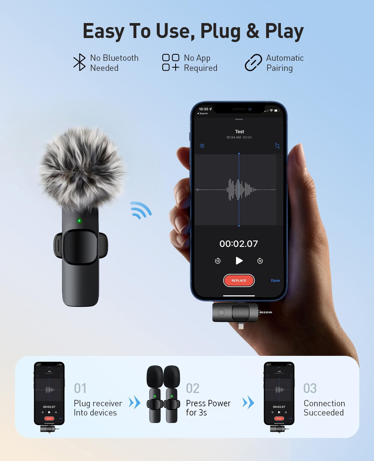 Mini Microphone, 3 in 1 Wireless Lavalier Microphones for iPhone, iPad, Camera and Android Devices, Noise Reduction Lapel Mic, Clip on Mic for Video Recording Vlog, YouTube, Interview