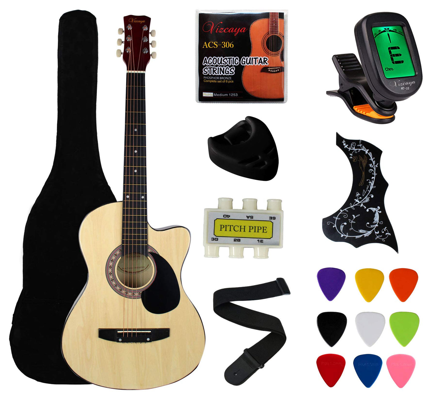 YMC 38" Black Beginner Acoustic Guitar Starter Package Student Guitar with Gig Bag,Strap, 3 thickness 9 picks,2 Pickguards,Pick Holder, Extra Strings, Electronic Tuner -Black