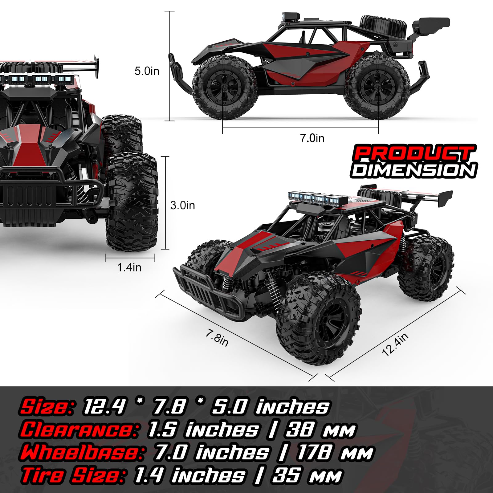 BLUEJAY Remote Control Car, 2.4GHz High Speed 33KM/H RC Cars Toys, 1:12 Monster RC Truck Off Road with LED Headlight and Rechargeable Battery Gifts for Adults Boys 8-12