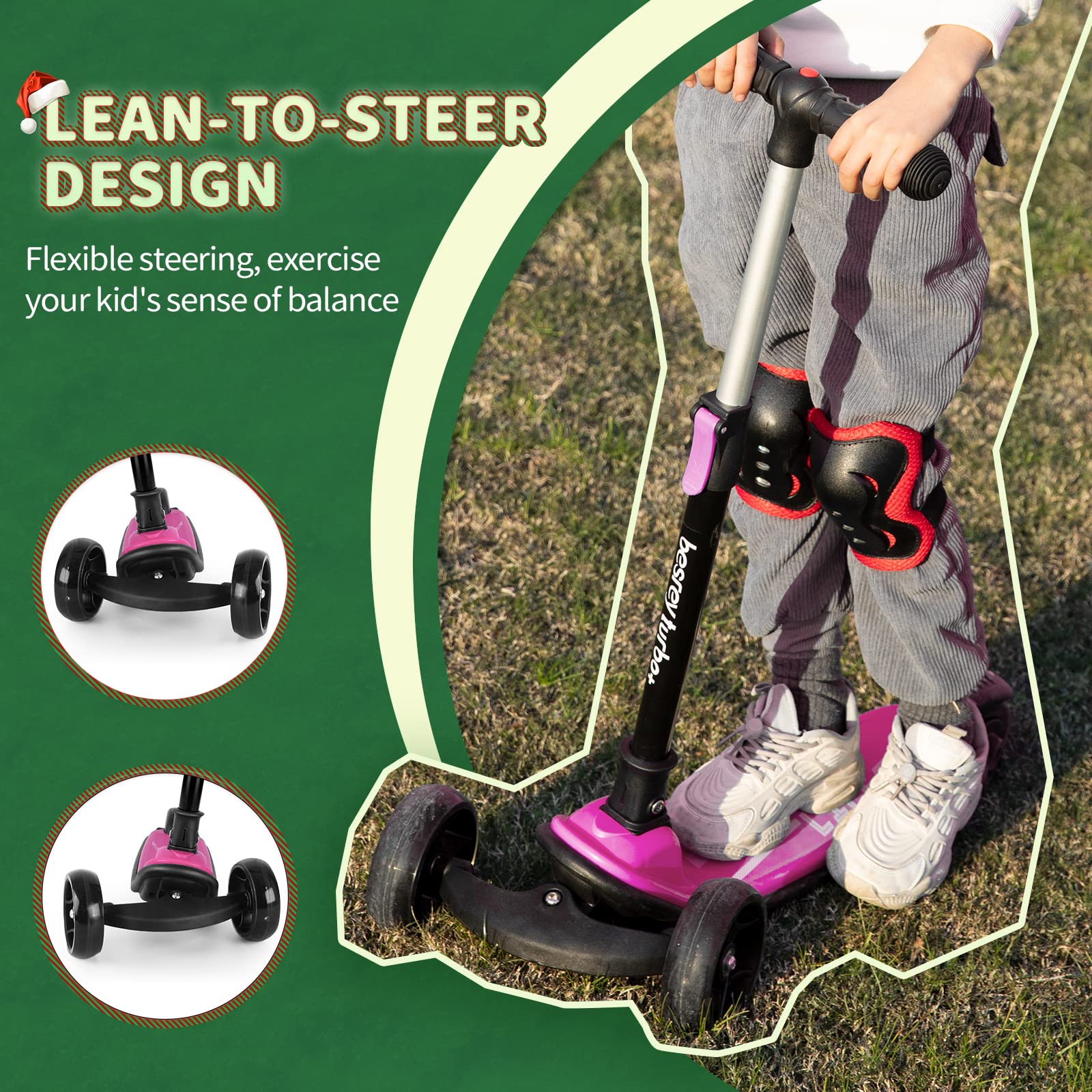 besrey Kick Scooter for Kids Ages 3-10, 3 Wheel Scooter for Kids with Adjustable Height, Folding Kids Scooter with LED Light Wheels Rear Brak Extra Wide Deck Outdoor Activities for Boys/Girls