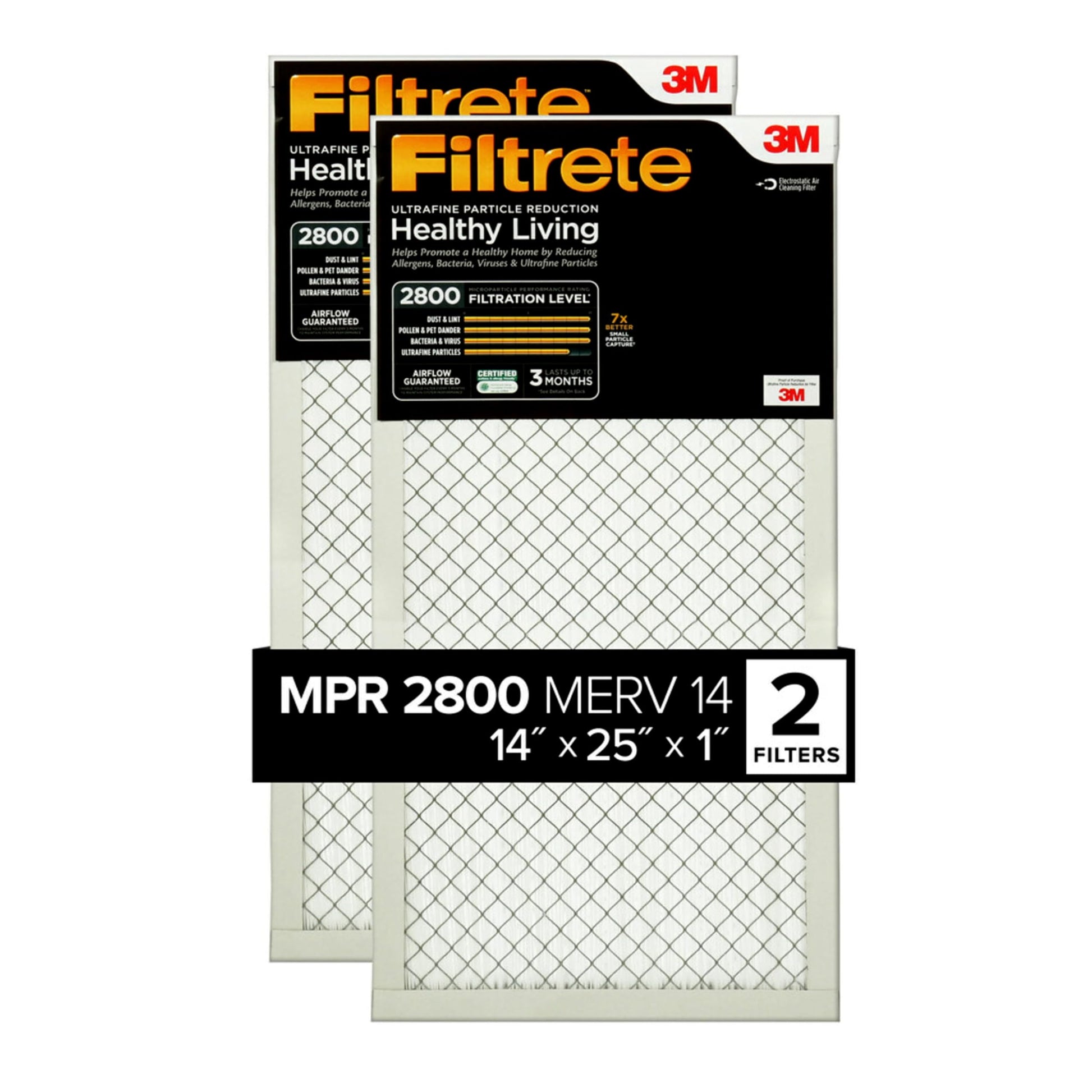 Filtrete 14x20x1 Air Filter, MPR 2800, MERV 14, Healthy Living Ultrafine Particle Reduction 3-Month Pleated 1-Inch Air Filters, 2 Filters