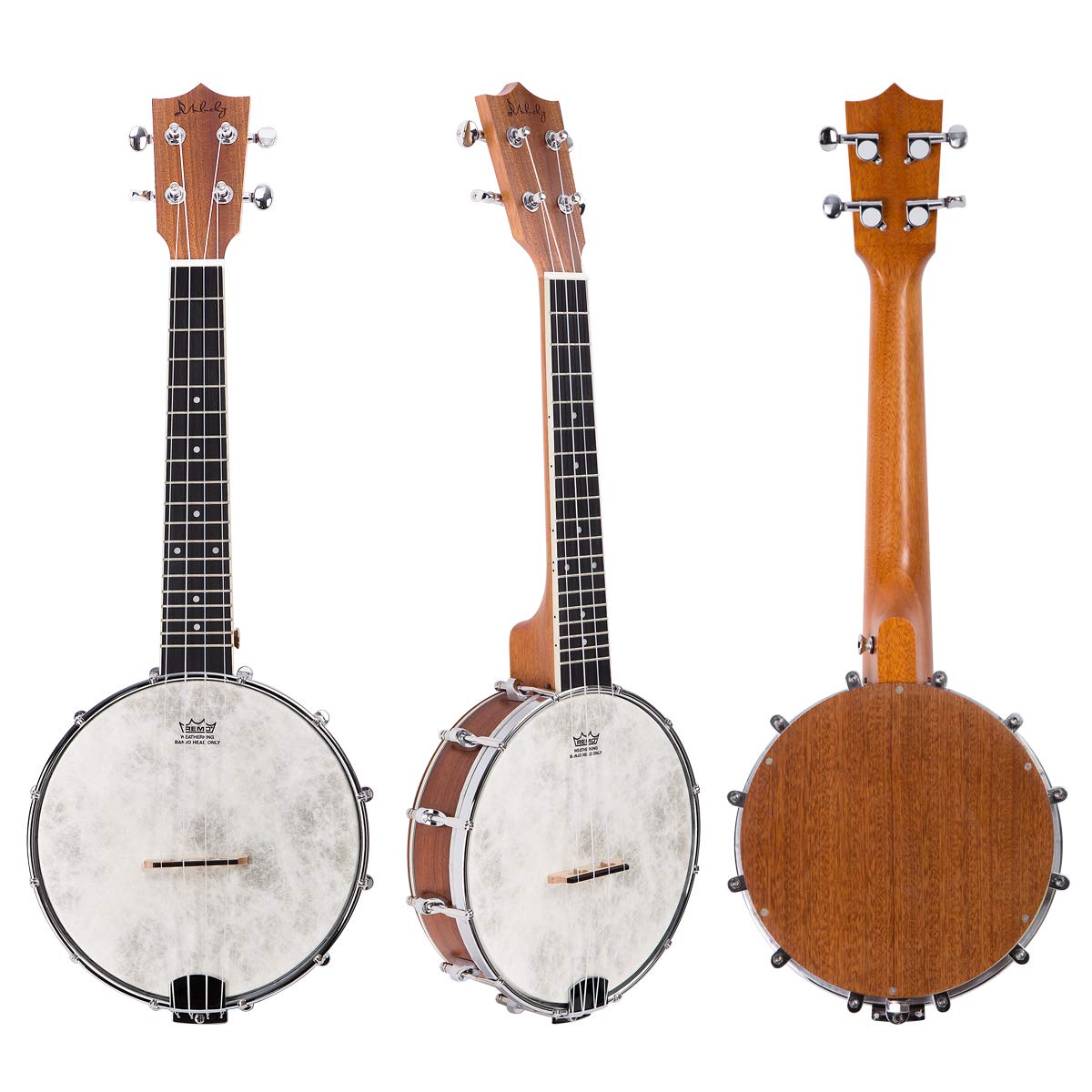 Mulucky 4-String Banjo Ukulele | 23" Sapele Wood with Remo Head &amp; Nylon Strings | Dark Brown Travel Kit (Bag, Tuner, Picks) - MBU-808