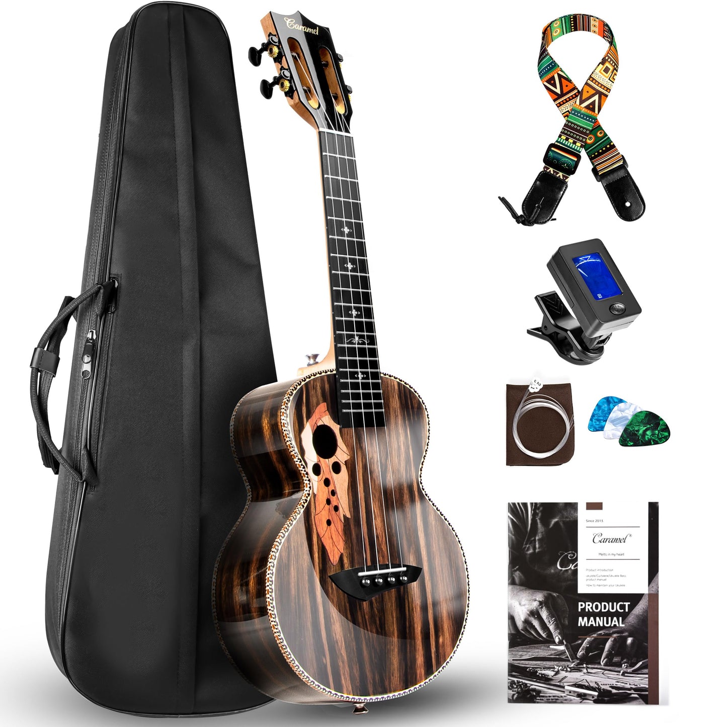 Caramel CAG94 Glossy Black Ebony 23" Concert Ukulele for Beginner | Handmade Ukelele Starter Kit