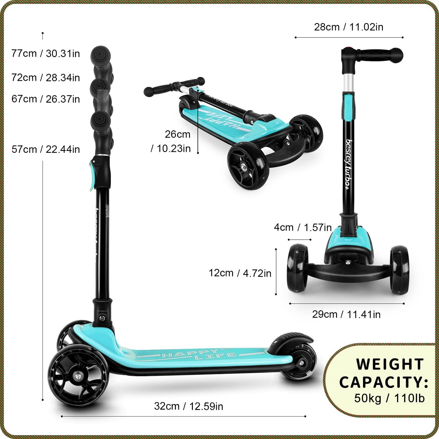 besrey Kick Scooter for Kids Ages 3-10, 3 Wheel Scooter for Kids with Adjustable Height, Folding Kids Scooter with LED Light Wheels Rear Brak Extra Wide Deck Outdoor Activities for Boys/Girls