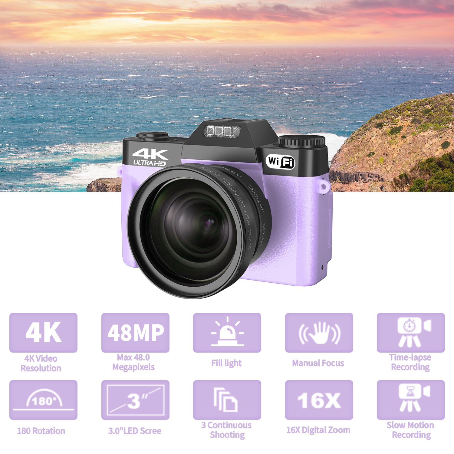 VETEK Digital Cameras for Photography, 4K 48MP Vlogging Camera 16X Digital Zoom Manual Focus Students Compact Camera with 52mm Wide-Angle Lens &amp; Macro Lens, 32G Micro Card and 2 Batteries (Pink)