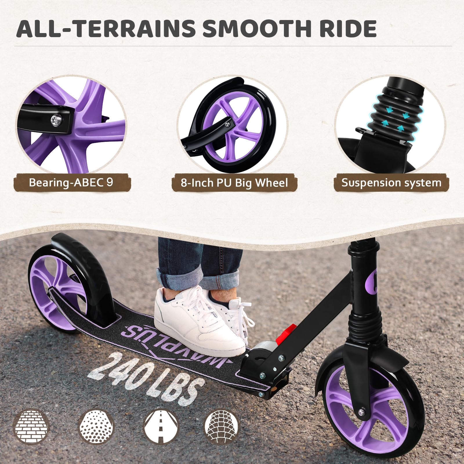 Kick Scooter for Ages 6+,Kid, Teens &amp; Adults. Max Load 240 LBS. Foldable, Lightweight, 8IN Big Wheels for Kids, Teen and Adults, 4 Adjustable Levels. Bearing ABEC9