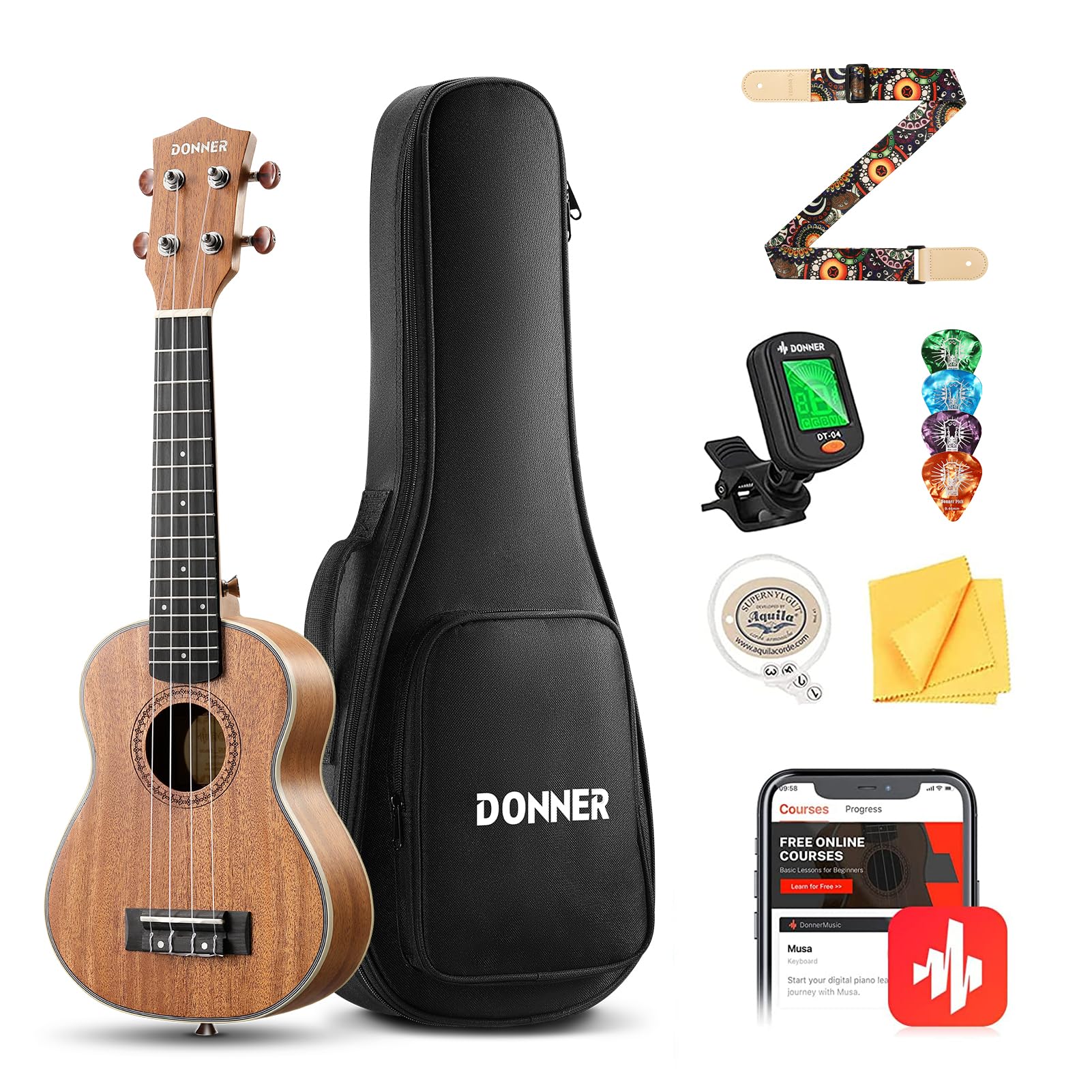 Donner Soprano Ukulele Mahogany Wood 21 inch Ukelele Beginner Kit with Free Online Lesson Gig Bag Strap Nylon String Tuner Picks Ukalalee Yukalalee Bundle Pack DUS-200