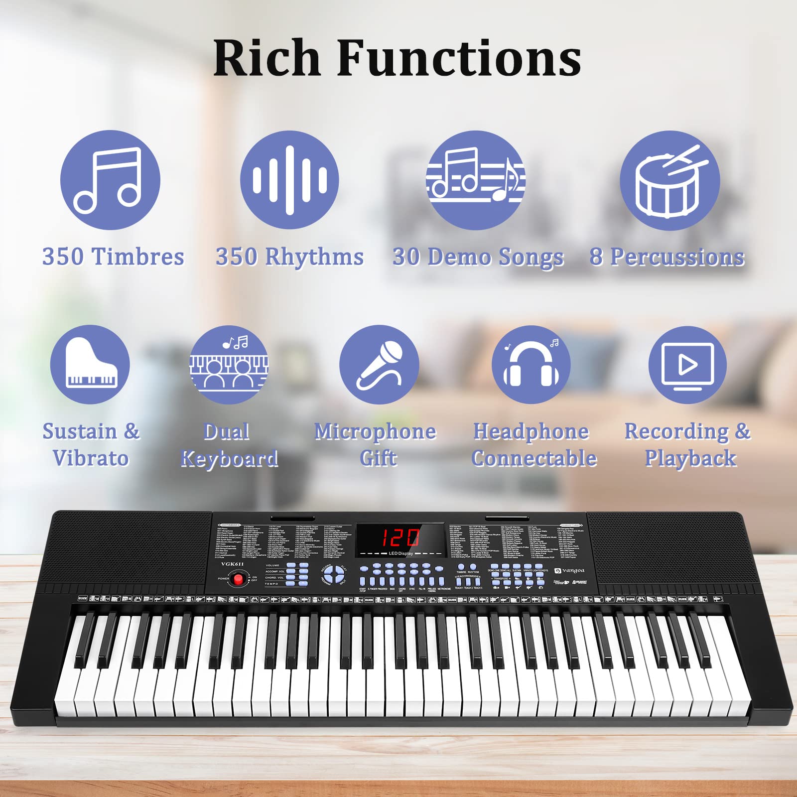 Vangoa 61-Key Light-Up Keyboard Piano for Beginners, 350 Tones &amp; Timbres, 3 Teaching Modes, With Microphone, Black