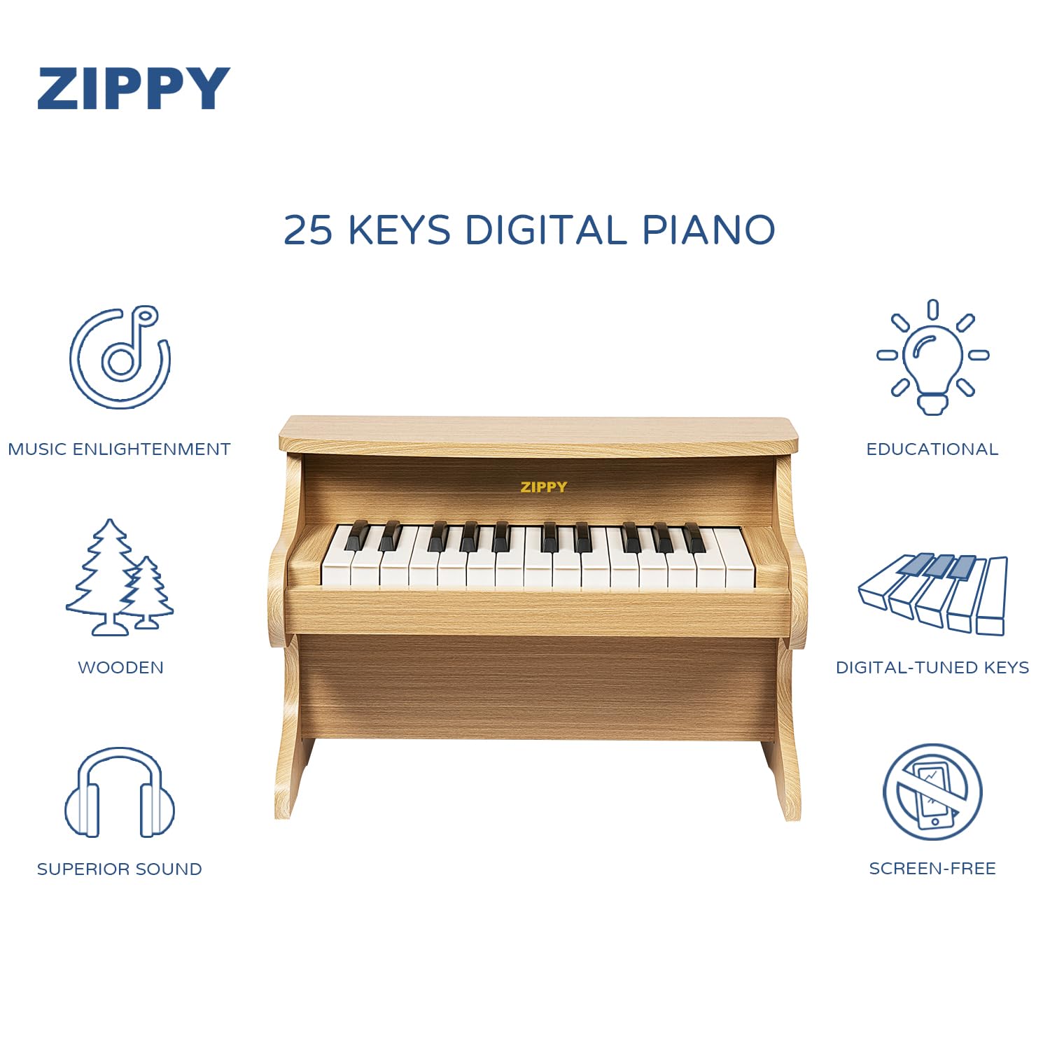 ZIPPY Kids Piano Keyboard, 25 Keys Digital Piano for Kids, Mini Music Educational Instrument Toy, Wood Piano for Toddlers Girls Boys, Black