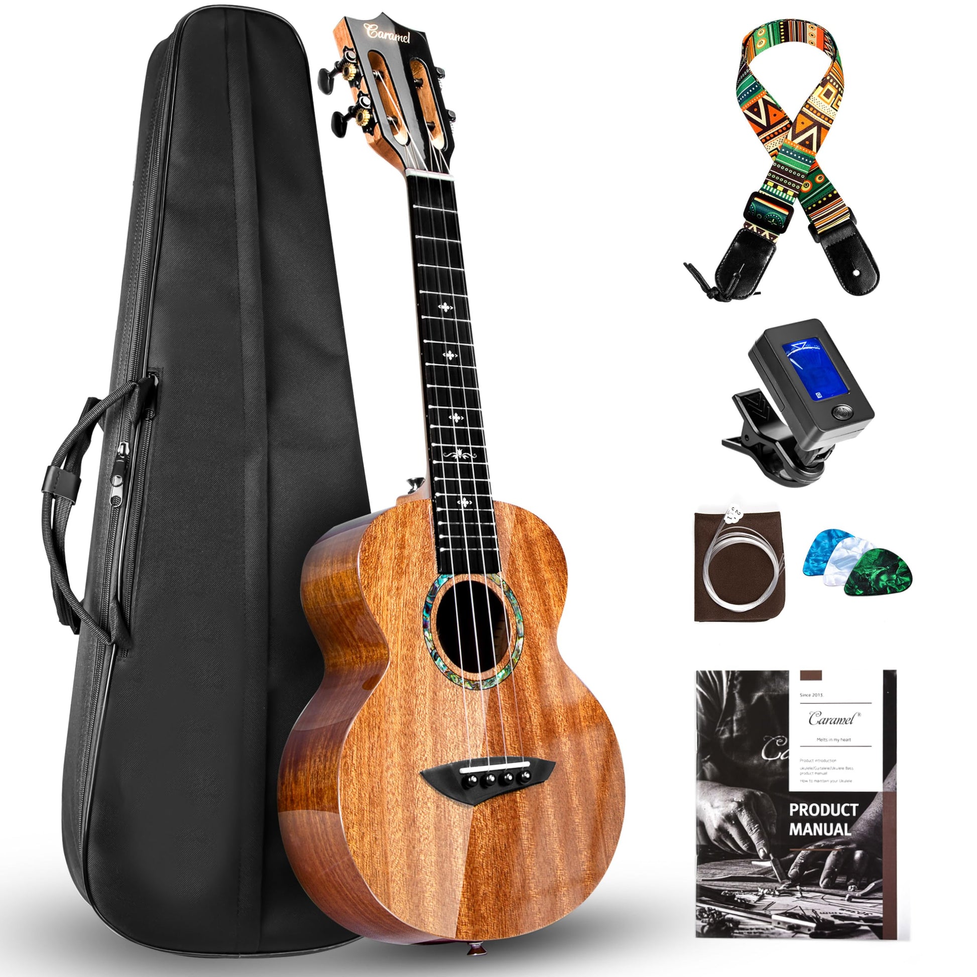 Caramel CAG94 Glossy Black Ebony 23" Concert Ukulele for Beginner | Handmade Ukelele Starter Kit