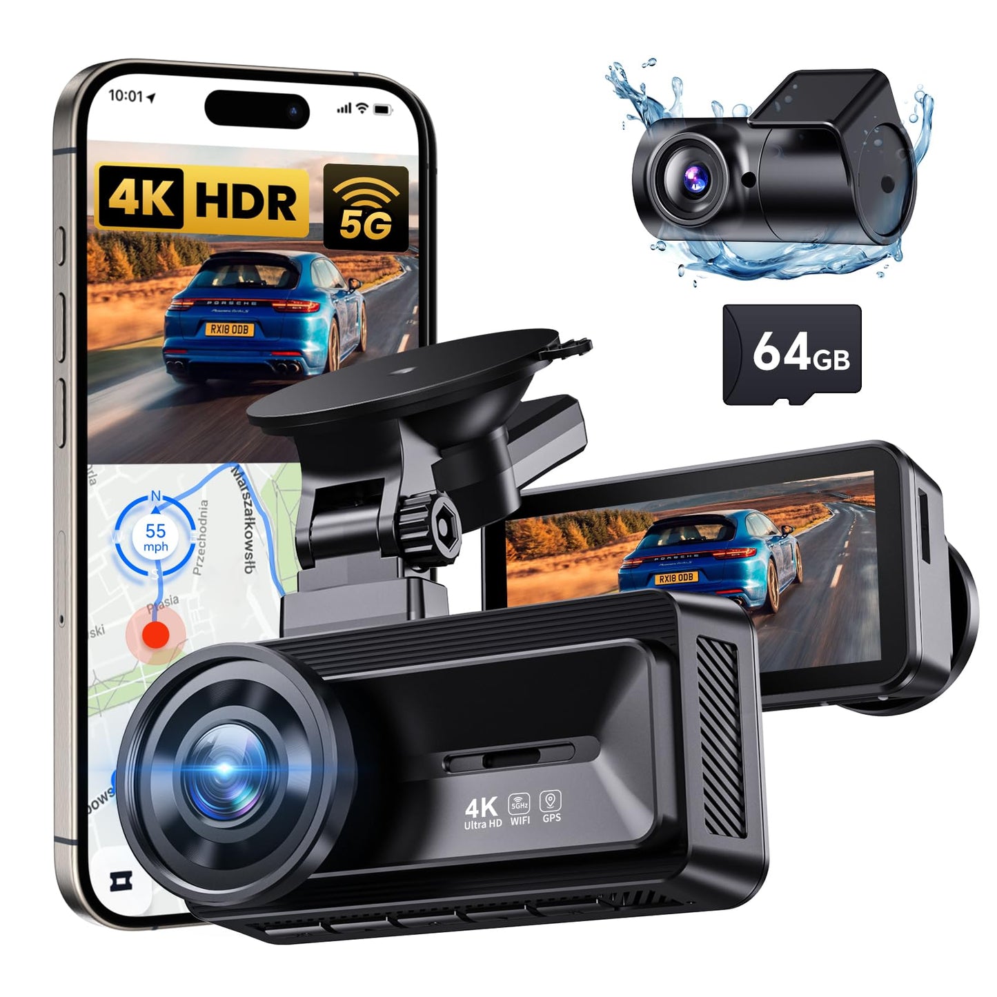 Dash Cam Front and Rear, 4K Full HD Dual Dash Camera for Cars Built-in 5G WiFi GPS, 64GB Card, Car Camera with 3" IPS Screen, UHD 2160P Night Vision, HDR, App Control, 24H Parking Monitor