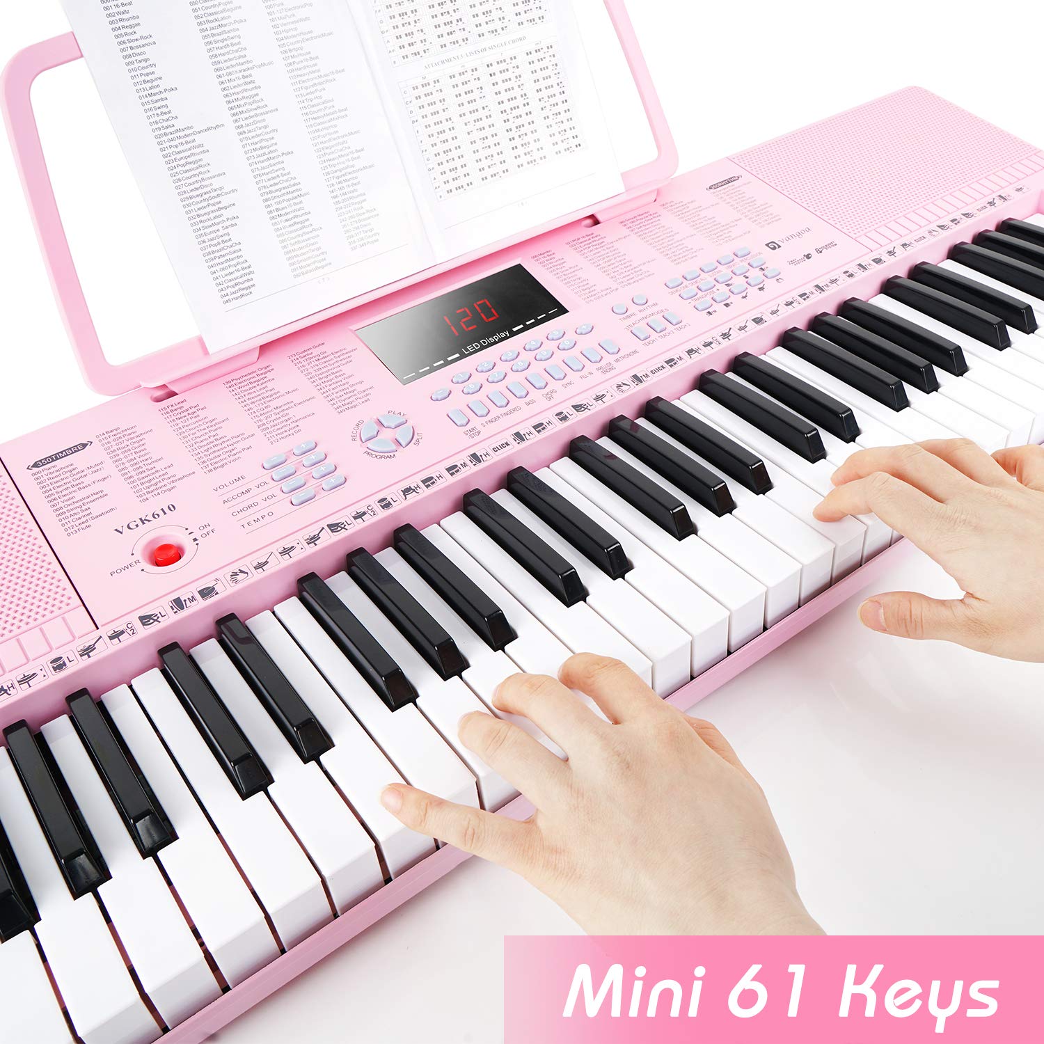 Vangoa 61-Key Light-Up Keyboard Piano for Beginners, 350 Tones &amp; Timbres, 3 Teaching Modes, With Microphone, Black