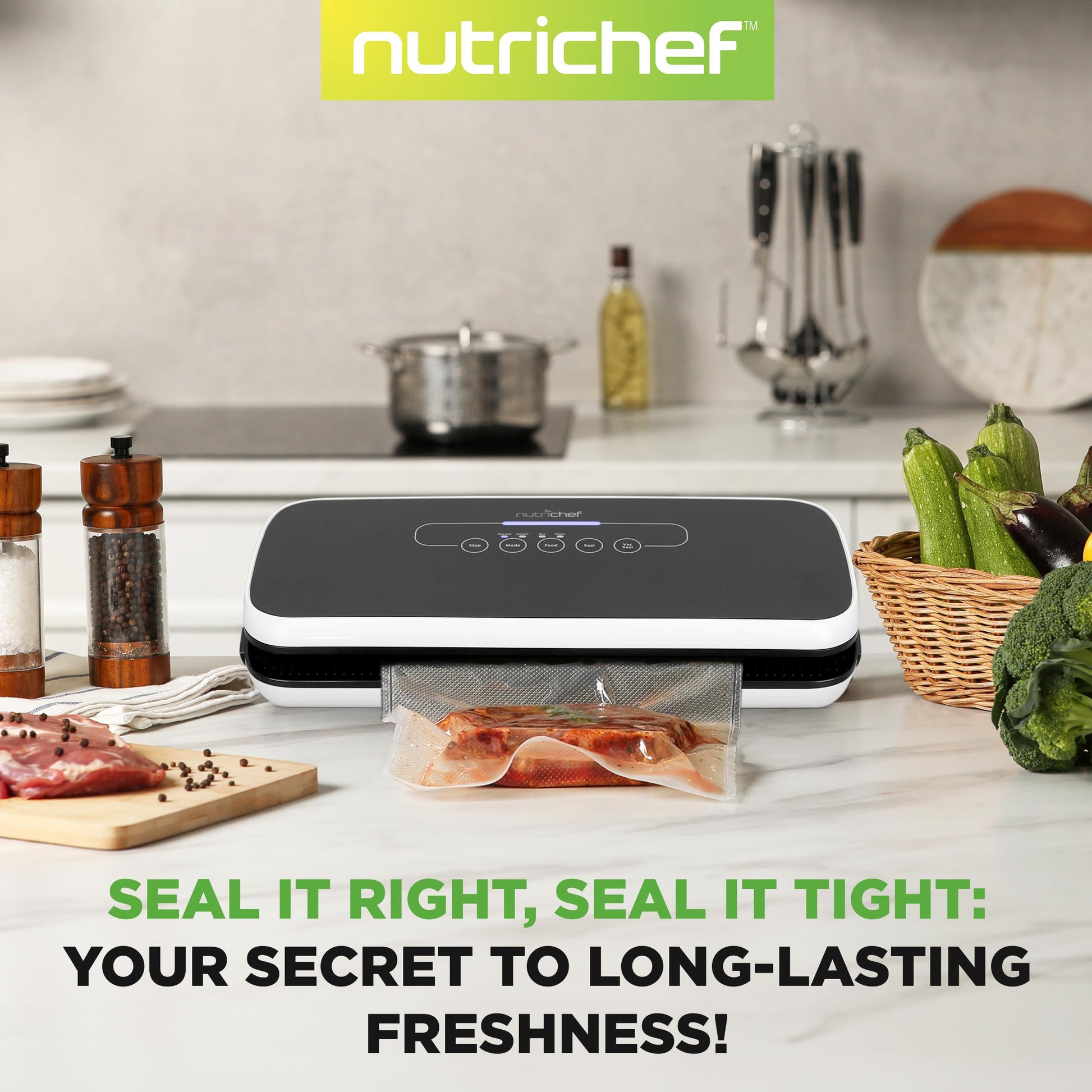 NutriChef Automatic Vacuum Air Sealing System for Food Preservation with Starter Kit, Compact Design, Lab Tested, Dry &amp; Moist Food Modes with Led Indicator Lights, Black