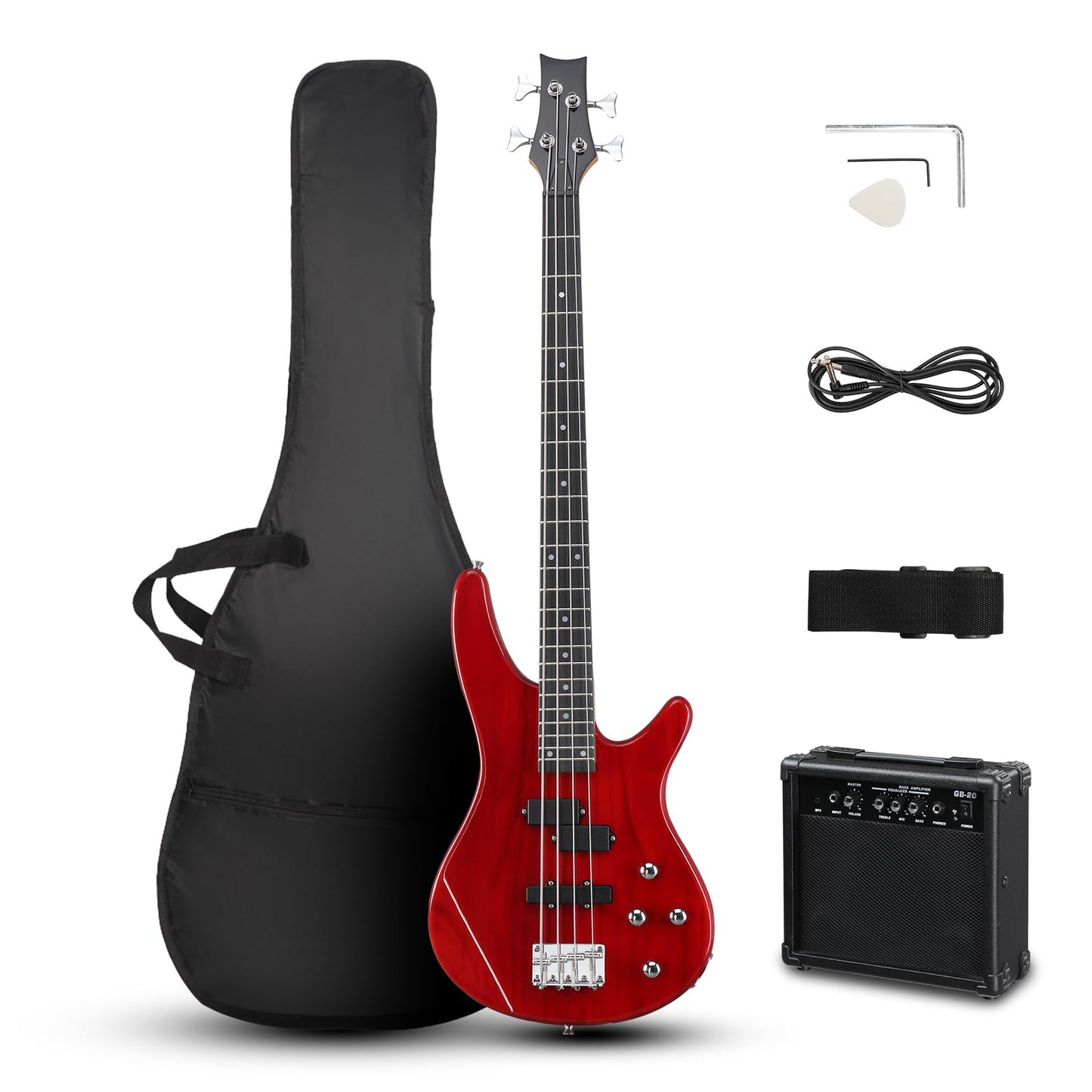 Ktaxon Electric Bass Guitar 4 String Bass Guitar with 20 Watt Amplifier, PJ Type Pickup, Naturally air-dried Maple Neck, Rosewood Fretboard, Basswood Body(Black)