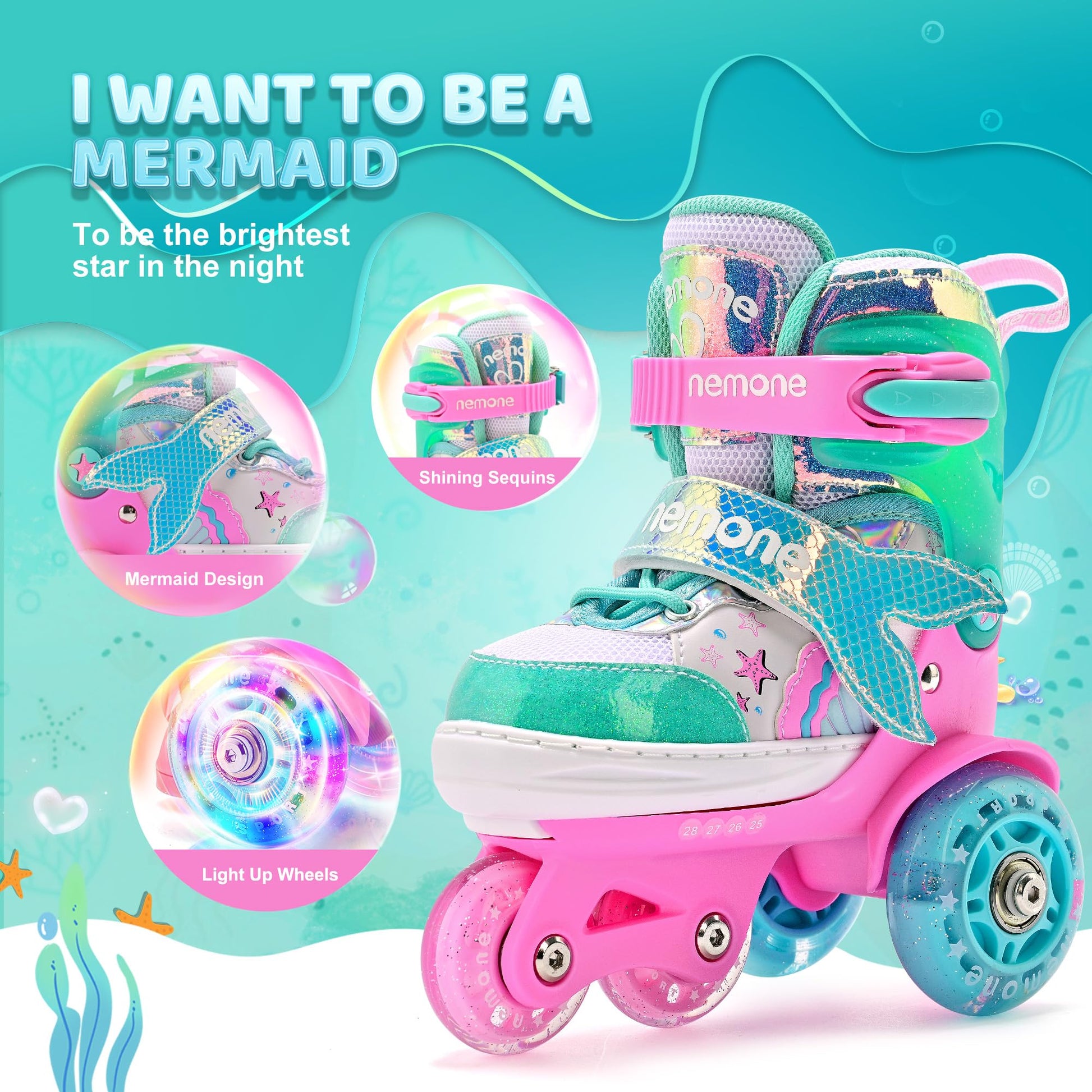 NEMONE Mermaid 4 Size Adjustable Light up Roller Skates for Girls, Purple Blue Skates for Toddlers, Beginner Kids Roller Skates Indoor Outdoor